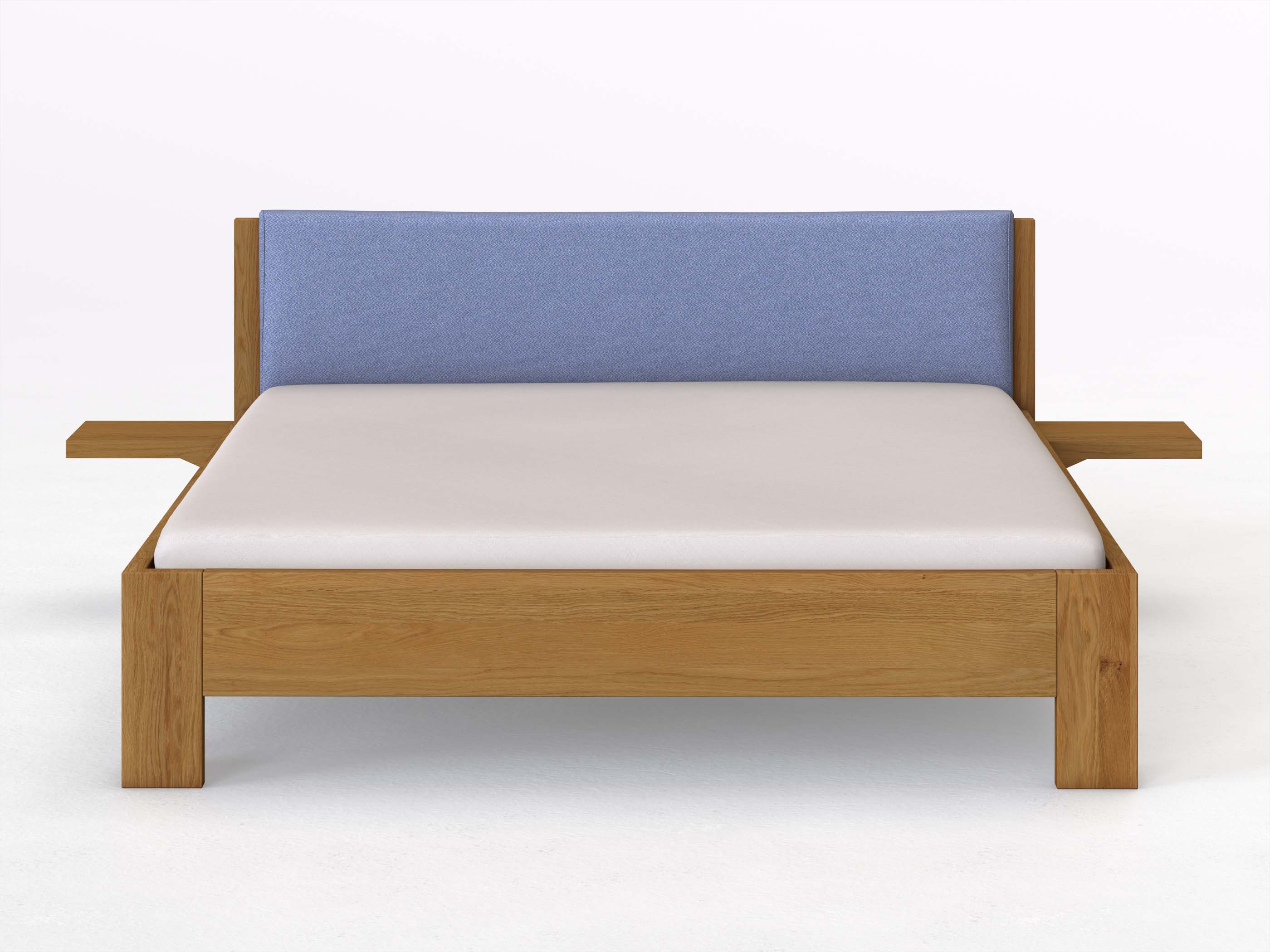 Eichenbett „Alois“ in 180 x 200 cm mit 2 Ablagen und Stoffkopfteil - Stoff: Schafschurwolle „Fischgrät“ in der Farbe Kornblume