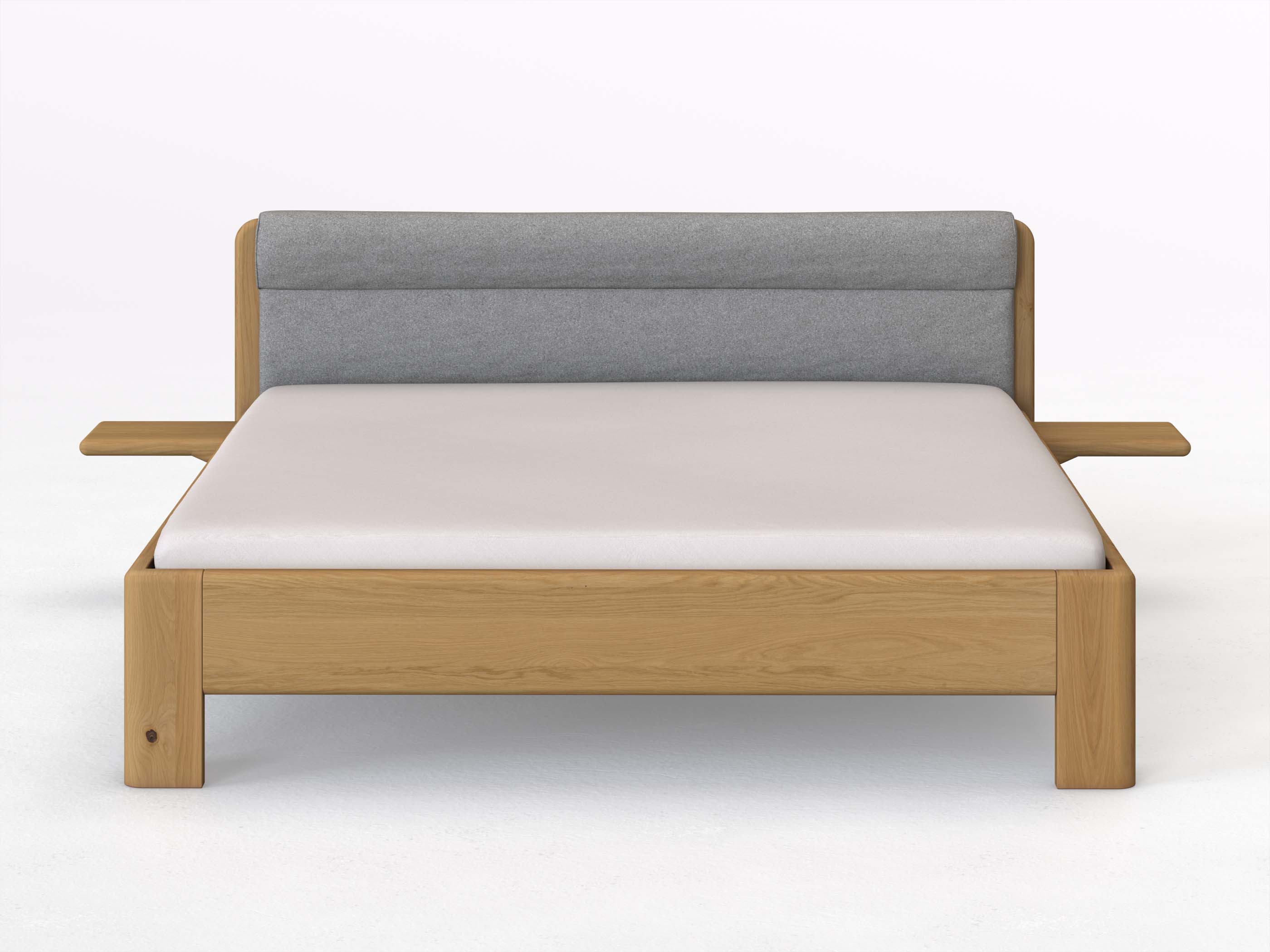 Eichenbett Hell „Niklas“ in 180 x 200 cm mit 2 Ablagen und Stoffkopfteil - Stoff: Schafschurwolle „Loden“ in der Farbe Nebelgrau