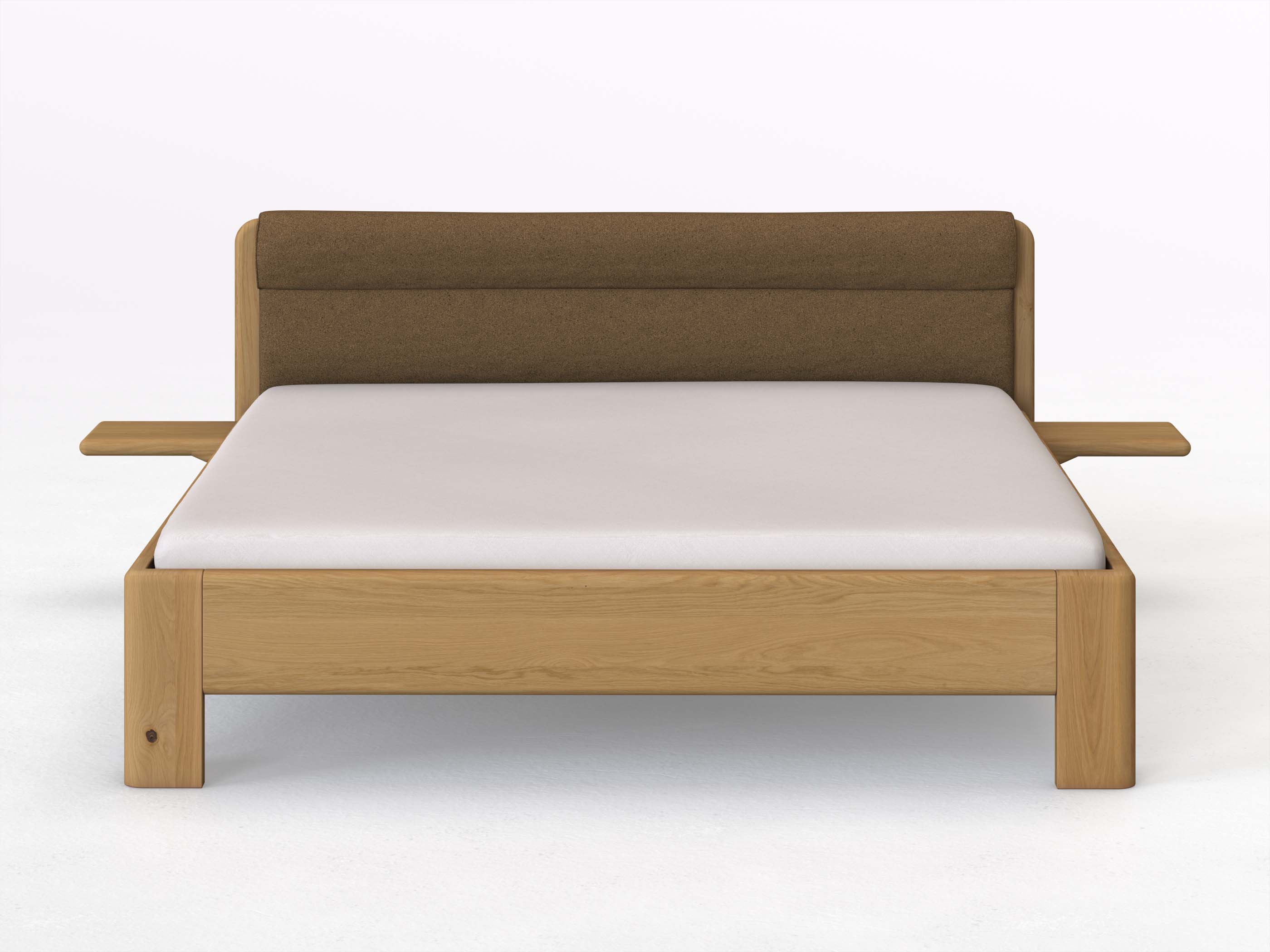 Eichenbett Hell „Niklas“ in 180 x 200 cm mit 2 Ablagen und Stoffkopfteil - Stoff: Schafschurwolle „Loden“ in der Farbe Zimtrinde