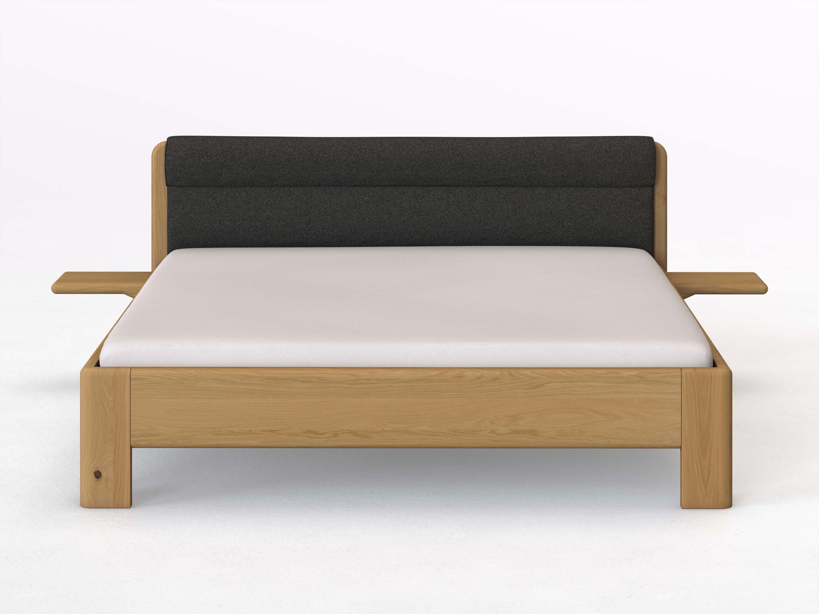 Eichenbett Hell „Niklas“ in 180 x 200 cm mit 2 Ablagen und Stoffkopfteil - Stoff: Schafschurwolle „Loden“ in der Farbe Anthrazit