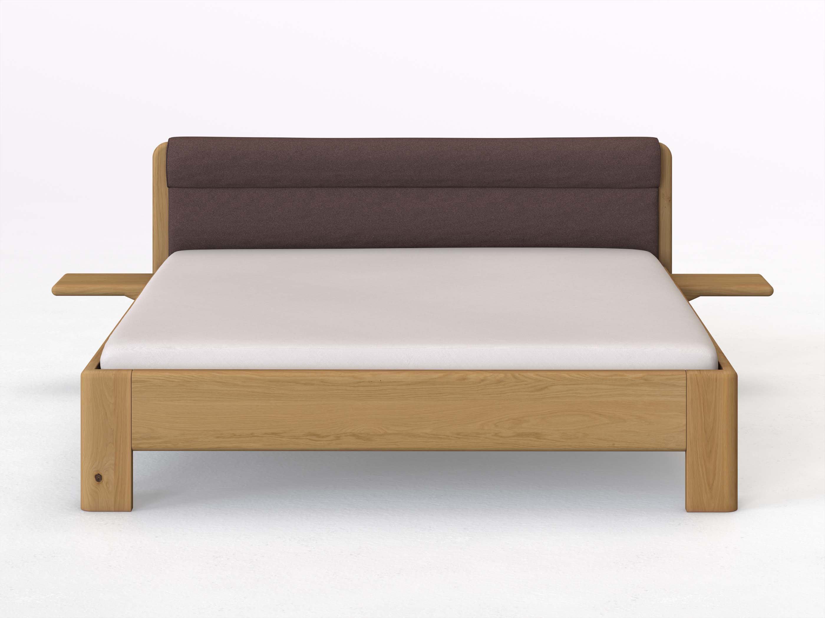Eichenbett Hell „Niklas“ in 180 x 200 cm mit 2 Ablagen und Stoffkopfteil - Stoff: Schafschurwolle „Loden“ in der Farbe Abenddämmerung