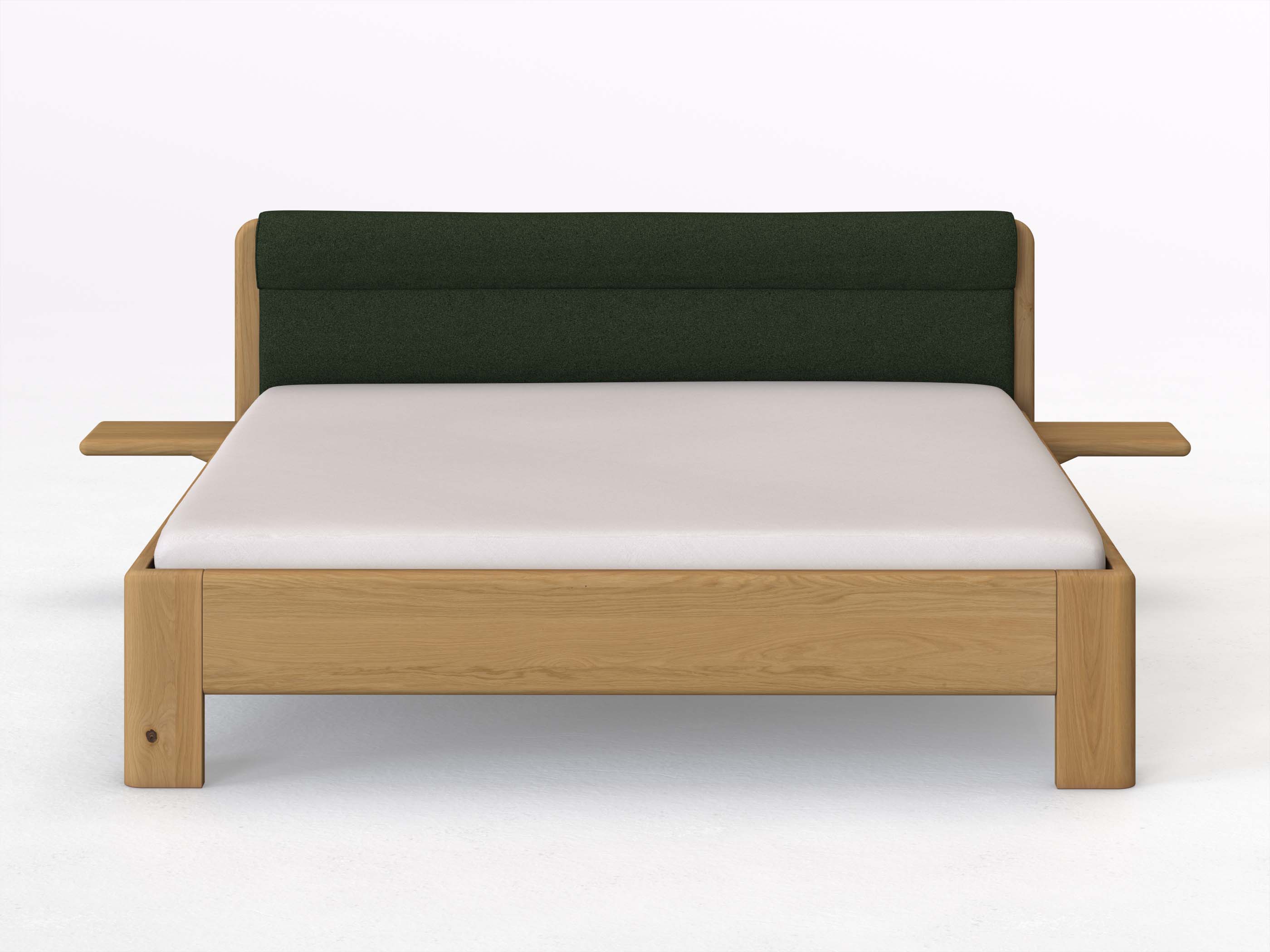 Eichenbett Hell „Niklas“ in 180 x 200 cm mit 2 Ablagen und Stoffkopfteil - Stoff: Schafschurwolle „Loden“ in der Farbe Tannenwald