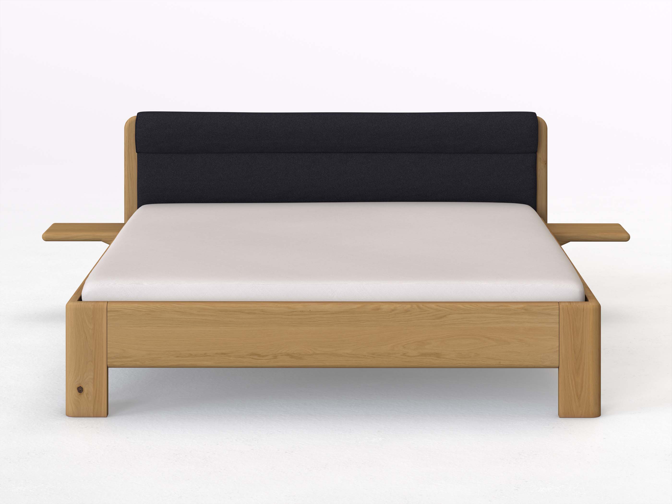 Eichenbett Hell „Niklas“ in 180 x 200 cm mit 2 Ablagen und Stoffkopfteil - Stoff: Schafschurwolle „Loden“ in der Farbe Nachtblau
