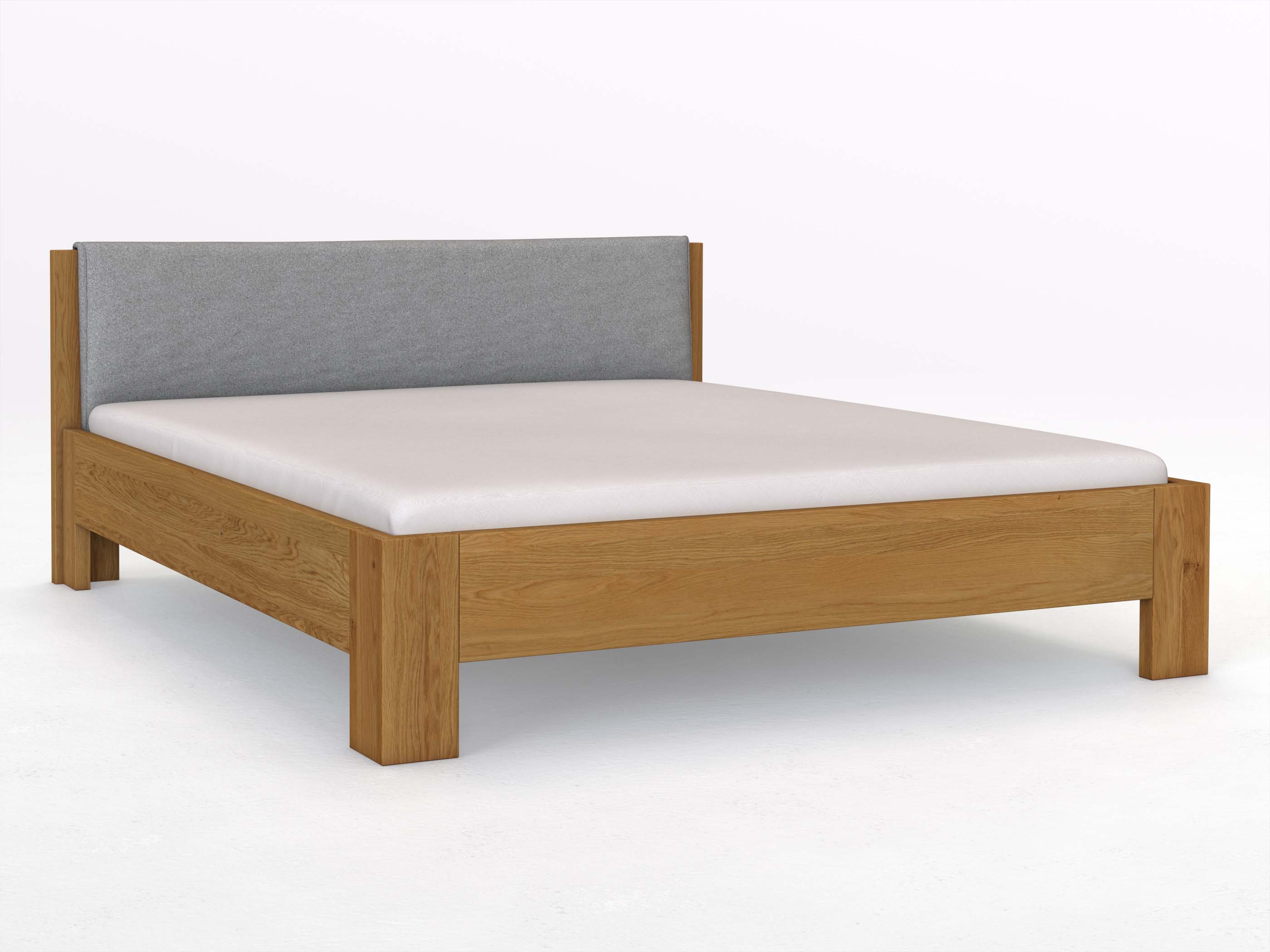 Eichenbett „Alois“ in 180 x 200 cm, mit Stoffkopfteil - Stoff: Schafschurwolle „Loden“ in der Farbe Nebelgrau