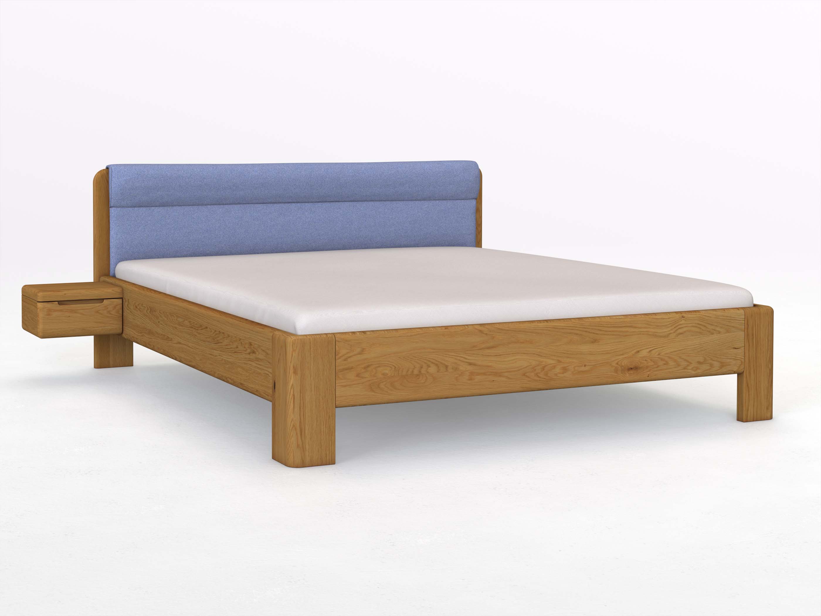 Eichenbett „Niklas“ in 180 x 200 cm mit 2 Nachttischen - Griff: Griffleiste B und mit Stoffkopfteil - Stoff: Schafschurwolle „Fischgrät“ in der Farbe Kornblume