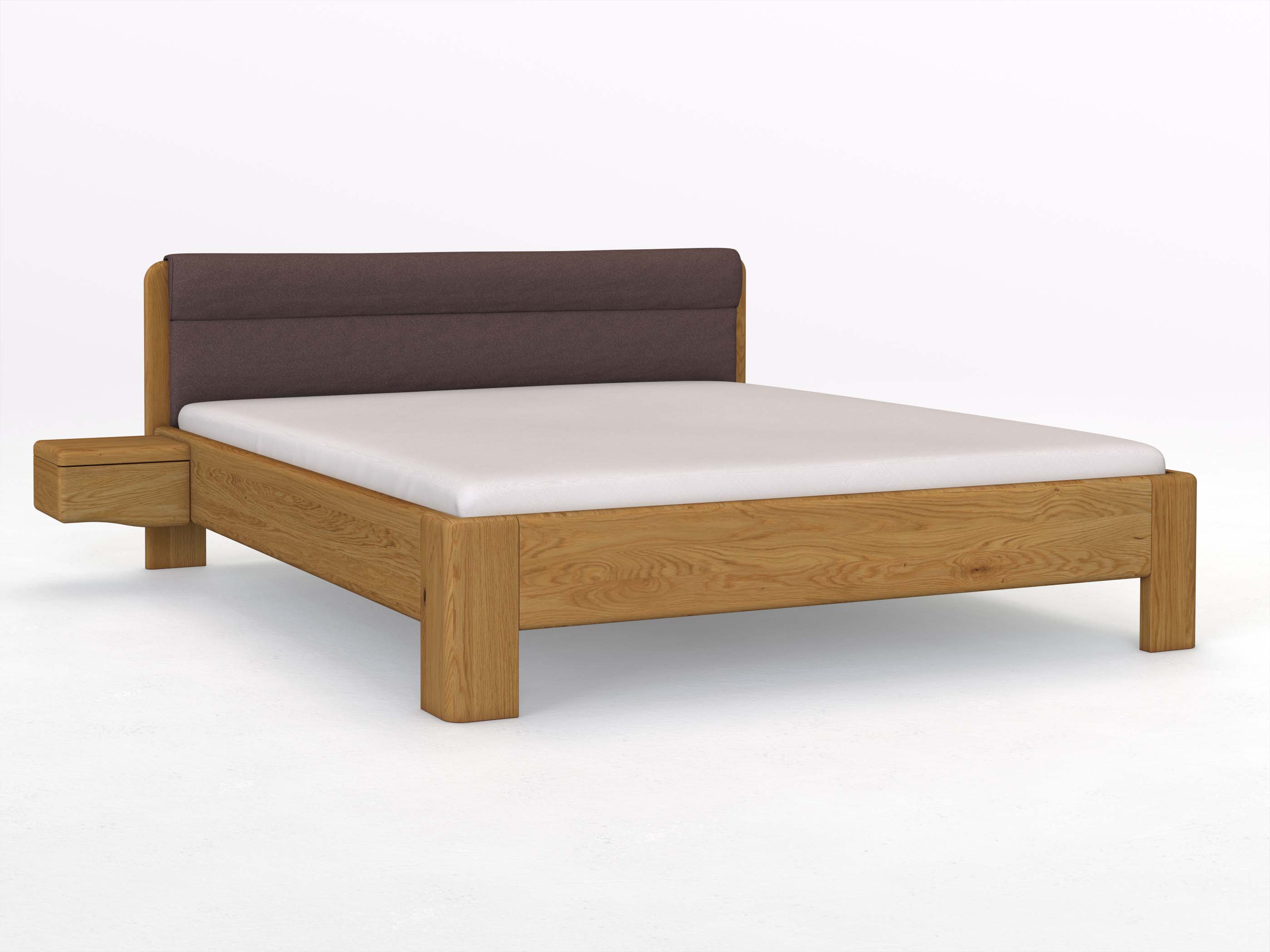 Eichenbett „Niklas“ in 180 x 200 cm mit 2 Nachttischen - Griff: Welle und mit Stoffkopfteil - Stoff: Schafschurwolle „Loden“ in der Farbe Abenddämmerung