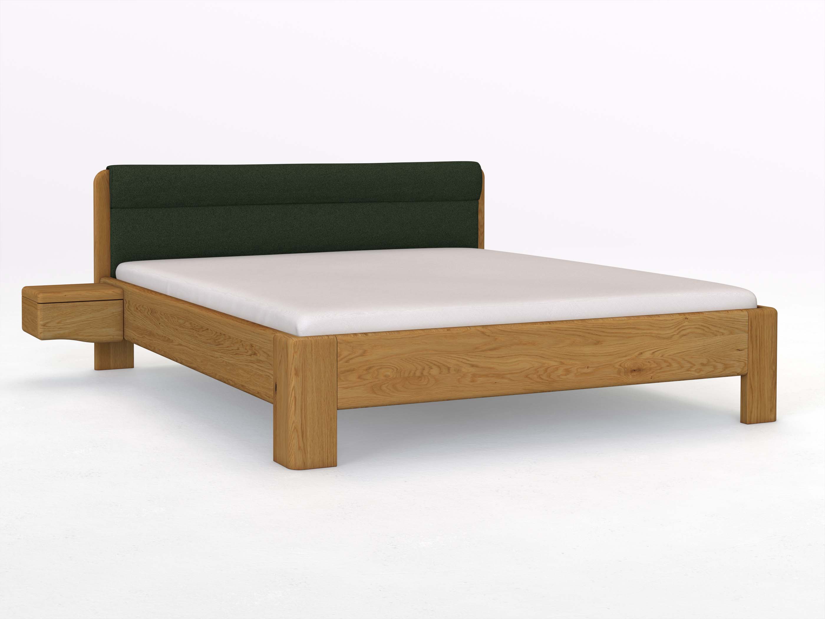 Eichenbett „Niklas“ in 180 x 200 cm mit 2 Nachttischen - Griff: Welle und mit Stoffkopfteil - Stoff: Schafschurwolle „Loden“ in der Farbe Tannenwald