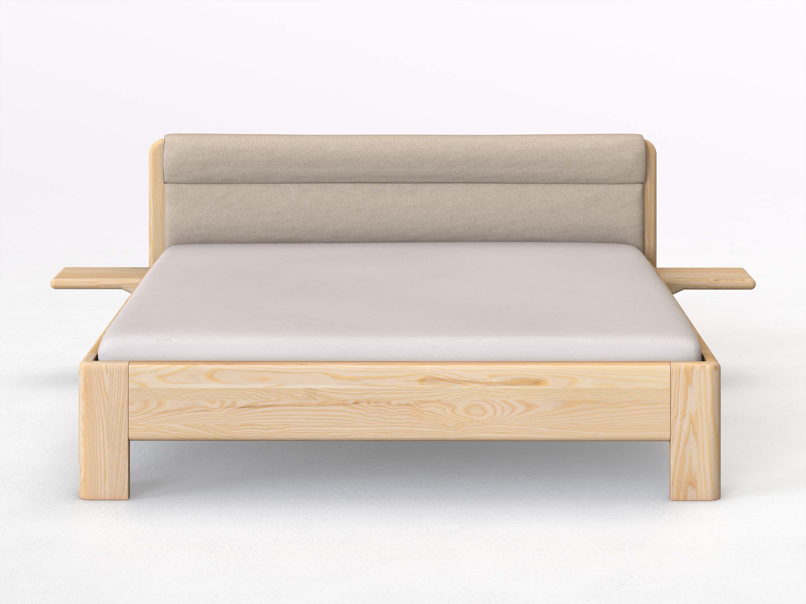 Eschenbett „Niklas“ in 180 x 200 cm mit 2 Ablagen und Stoffkopfteil - Stoff: Schafschurwolle „Fischgrät“ in der Farbe Holunderblüte