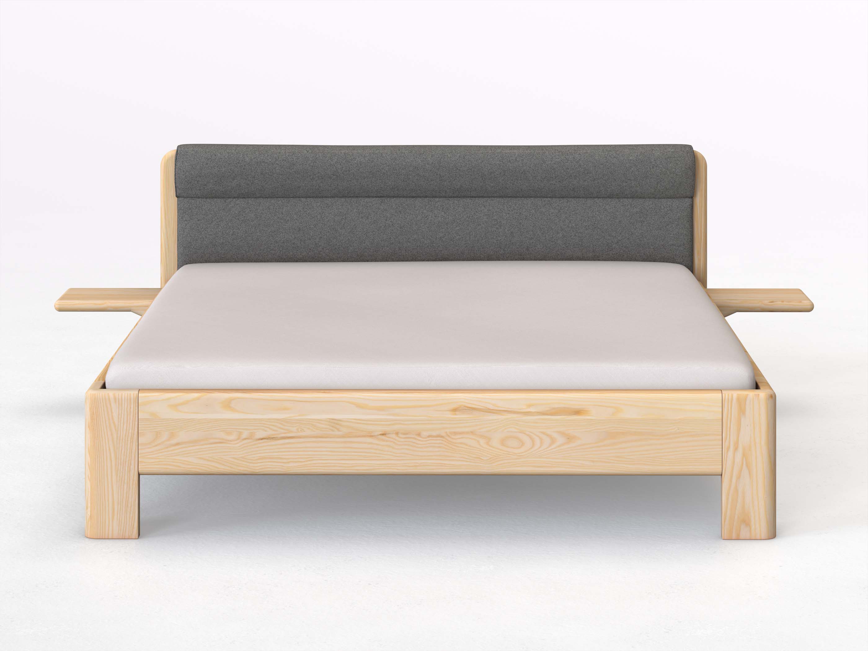 Eschenbett „Niklas“ in 180 x 200 cm mit 2 Ablagen und Stoffkopfteil - Stoff: Schafschurwolle „Fischgrät“ in der Farbe Grauer Mohn