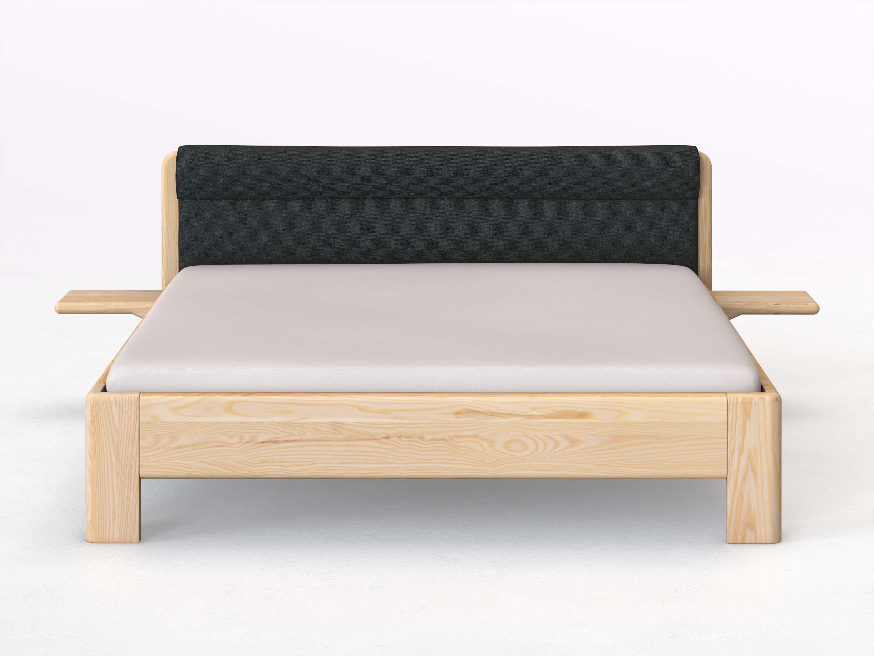 Eschenbett „Niklas“ in 180 x 200 cm mit 2 Ablagen und Stoffkopfteil - Stoff: Schafschurwolle „Fischgrät“ in der Farbe Wacholderbeere