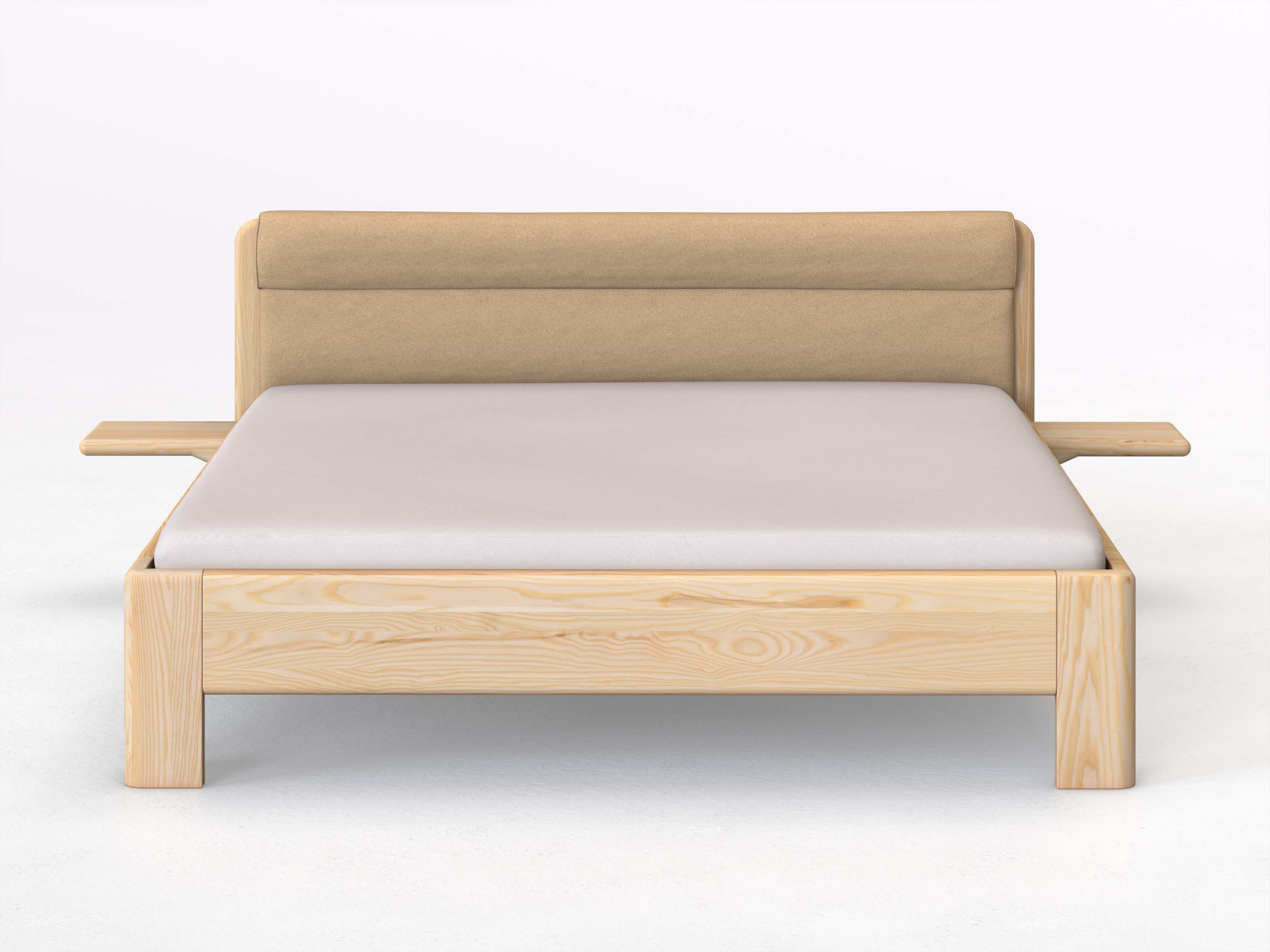 Eschenbett „Niklas“ in 180 x 200 cm mit 2 Ablagen und Stoffkopfteil - Stoff: Schafschurwolle „Fischgrät“ in der Farbe Goldhirse