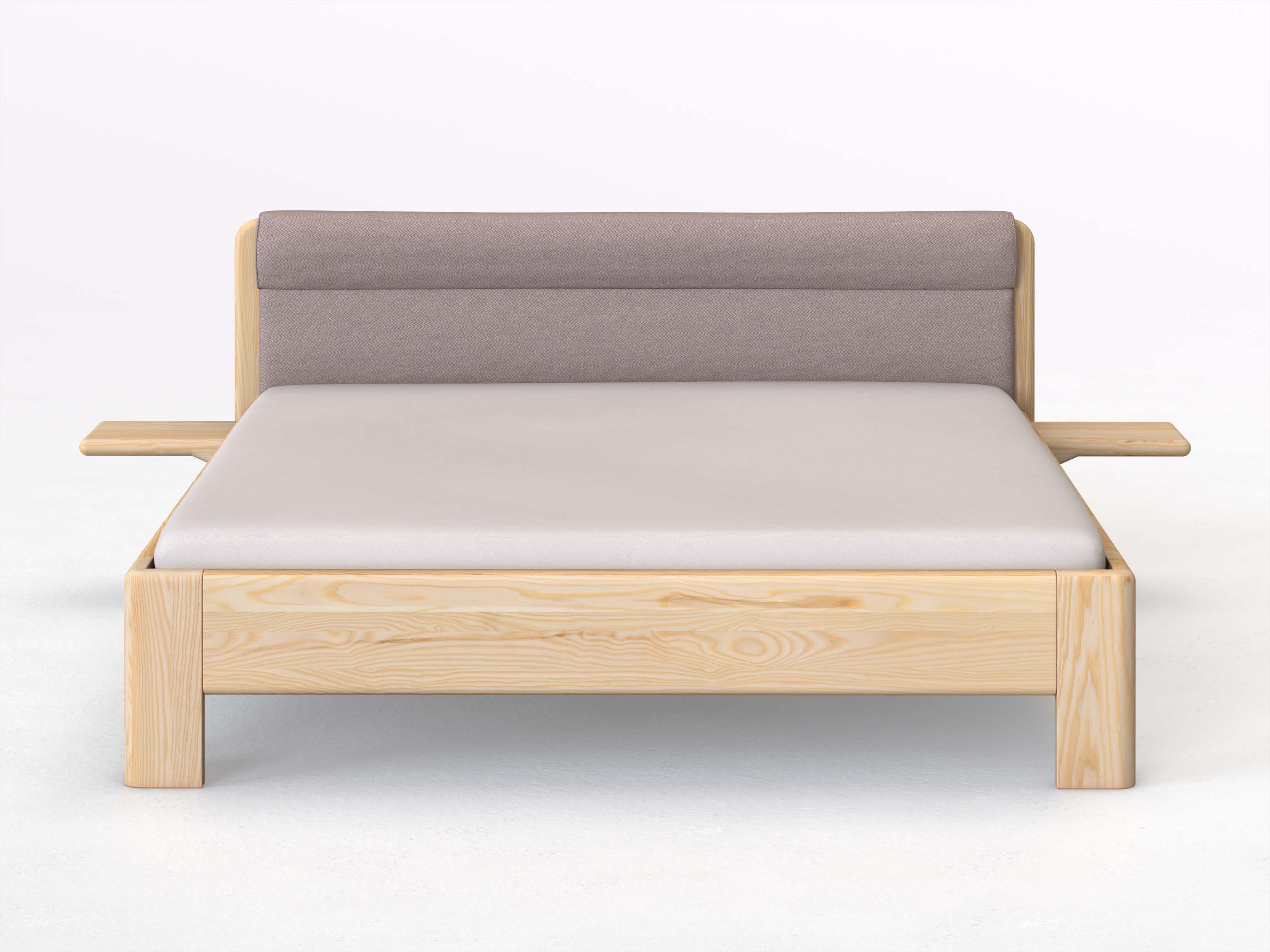 Eschenbett „Niklas“ in 180 x 200 cm mit 2 Ablagen und Stoffkopfteil - Stoff: Schafschurwolle „Fischgrät“ in der Farbe Zartflieder