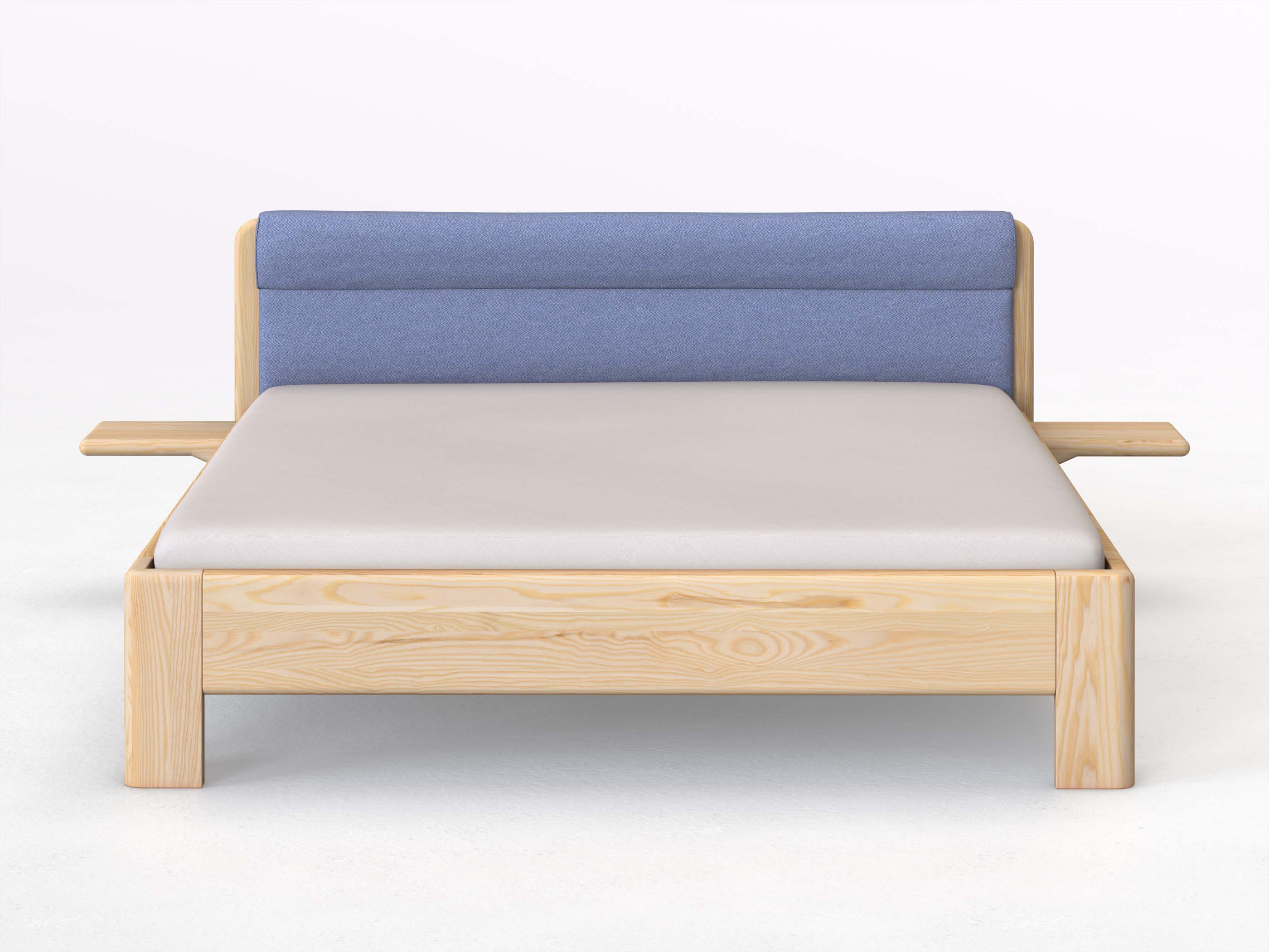 Eschenbett „Niklas“ in 180 x 200 cm mit 2 Ablagen und Stoffkopfteil - Stoff: Schafschurwolle „Fischgrät“ in der Farbe Kornblume