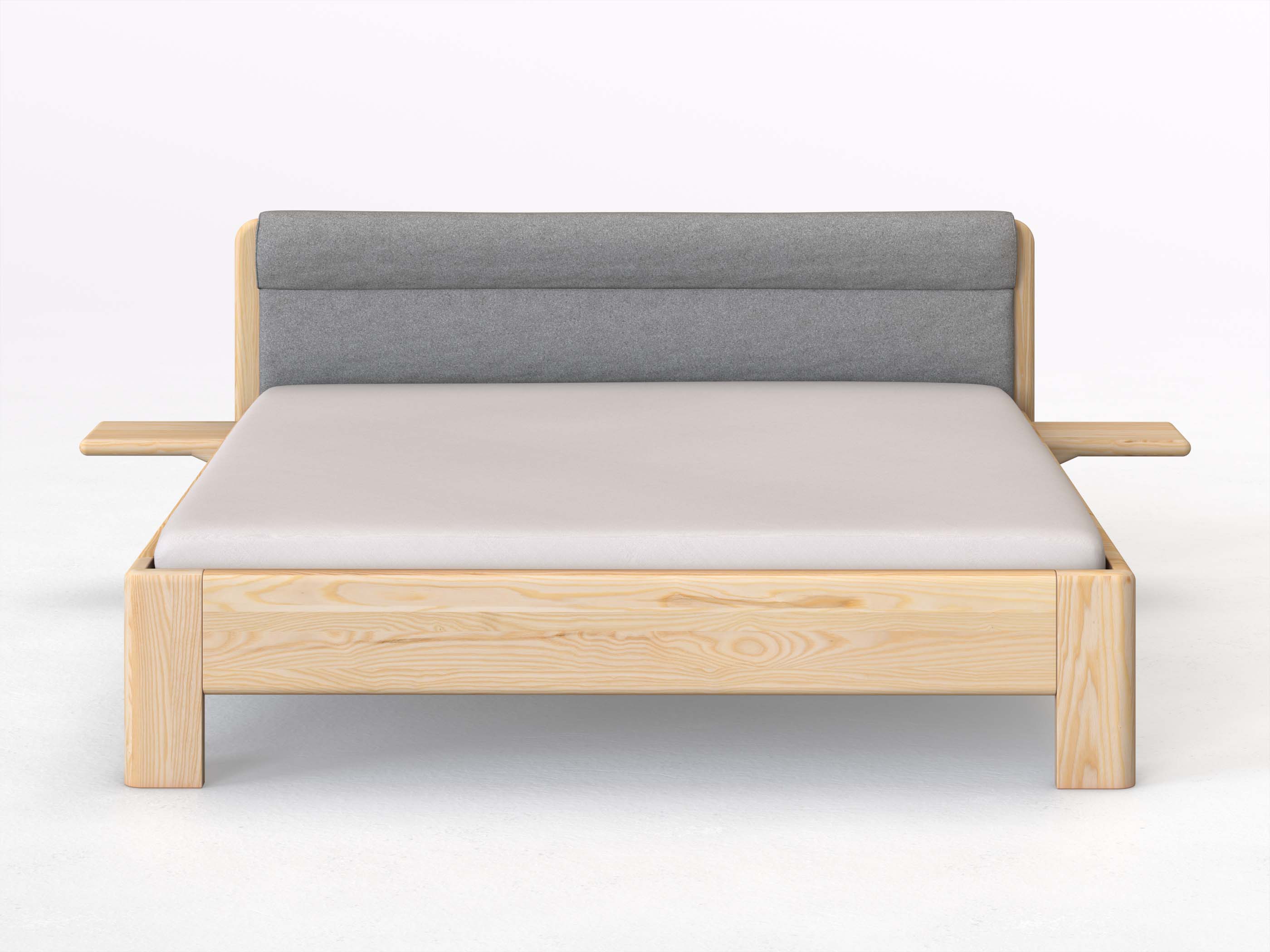 Eschenbett „Niklas“ in 180 x 200 cm mit 2 Ablagen und Stoffkopfteil - Stoff: Schafschurwolle „Loden“ in der Farbe Nebelgrau