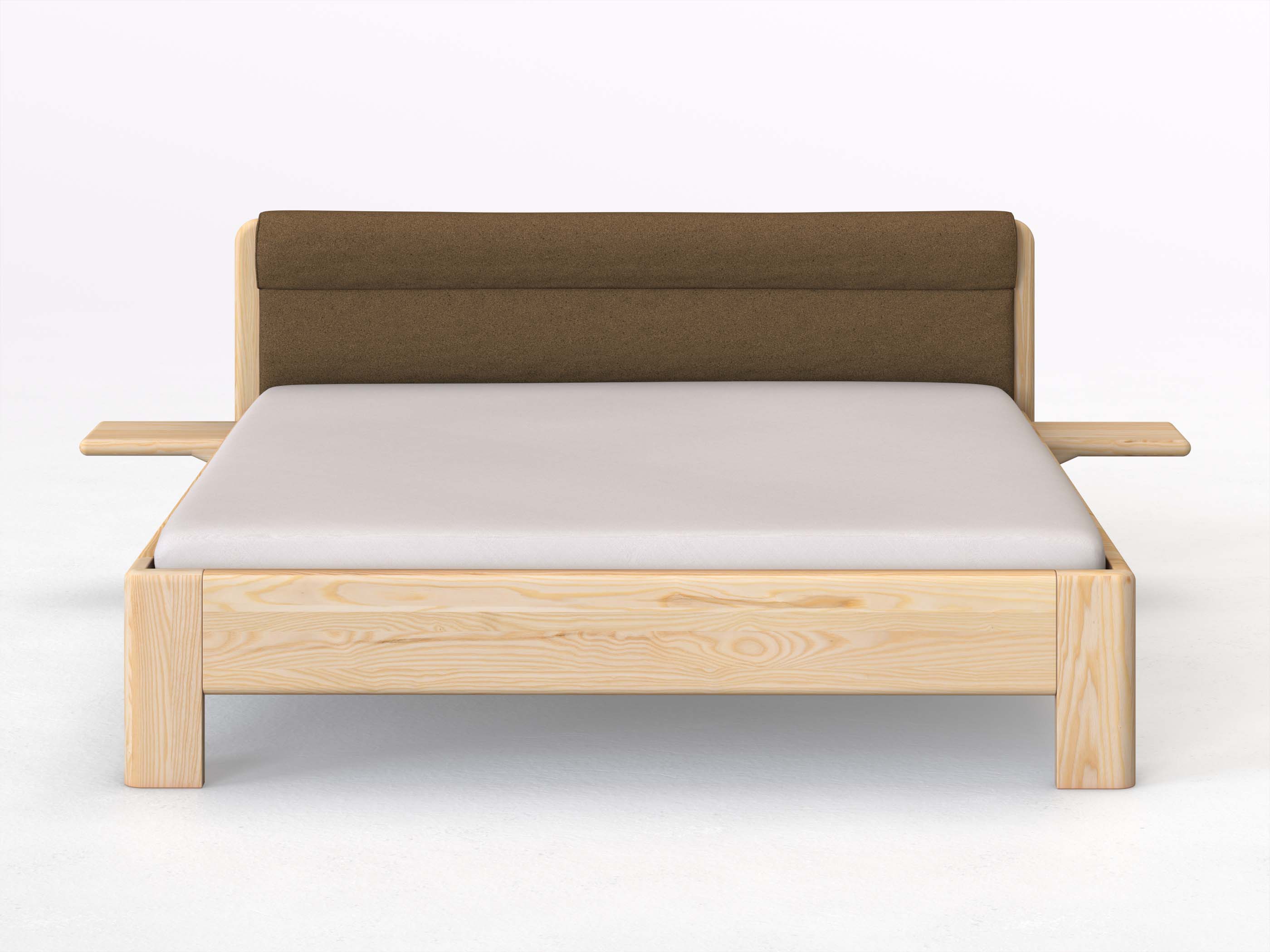 Eschenbett „Niklas“ in 180 x 200 cm mit 2 Ablagen und Stoffkopfteil - Stoff: Schafschurwolle „Loden“ in der Farbe Zimtrinde