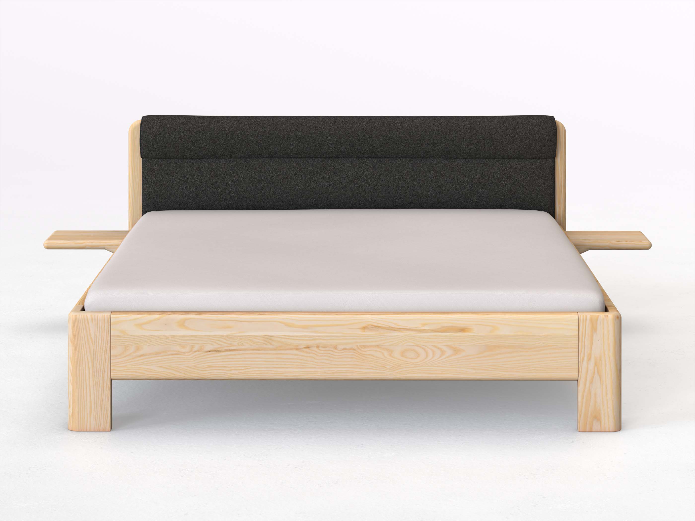 Eschenbett „Niklas“ in 180 x 200 cm mit 2 Ablagen und Stoffkopfteil - Stoff: Schafschurwolle „Loden“ in der Farbe Anthrazit