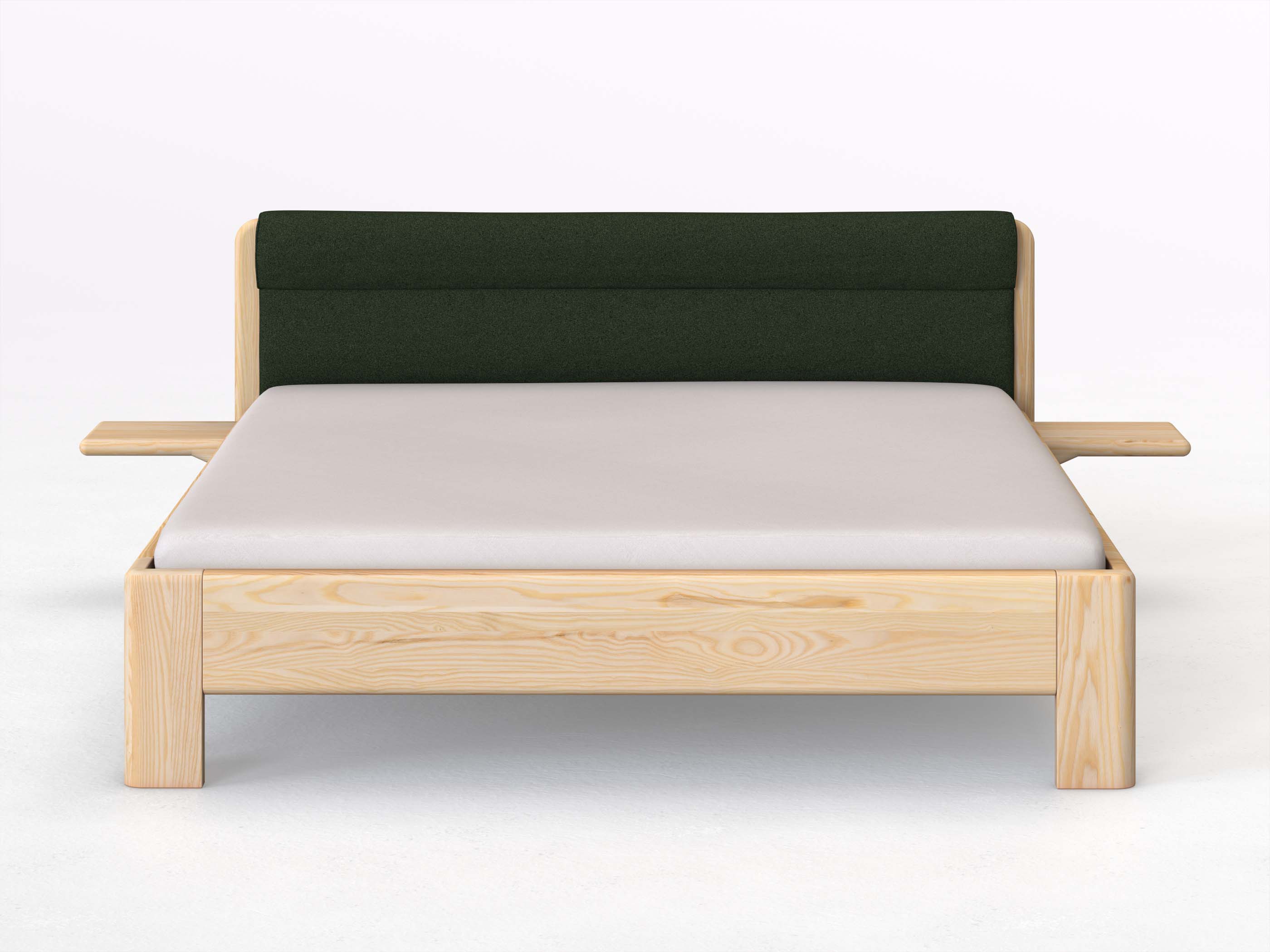 Eschenbett „Niklas“ in 180 x 200 cm mit 2 Ablagen und Stoffkopfteil - Stoff: Schafschurwolle „Loden“ in der Farbe Tannenwald