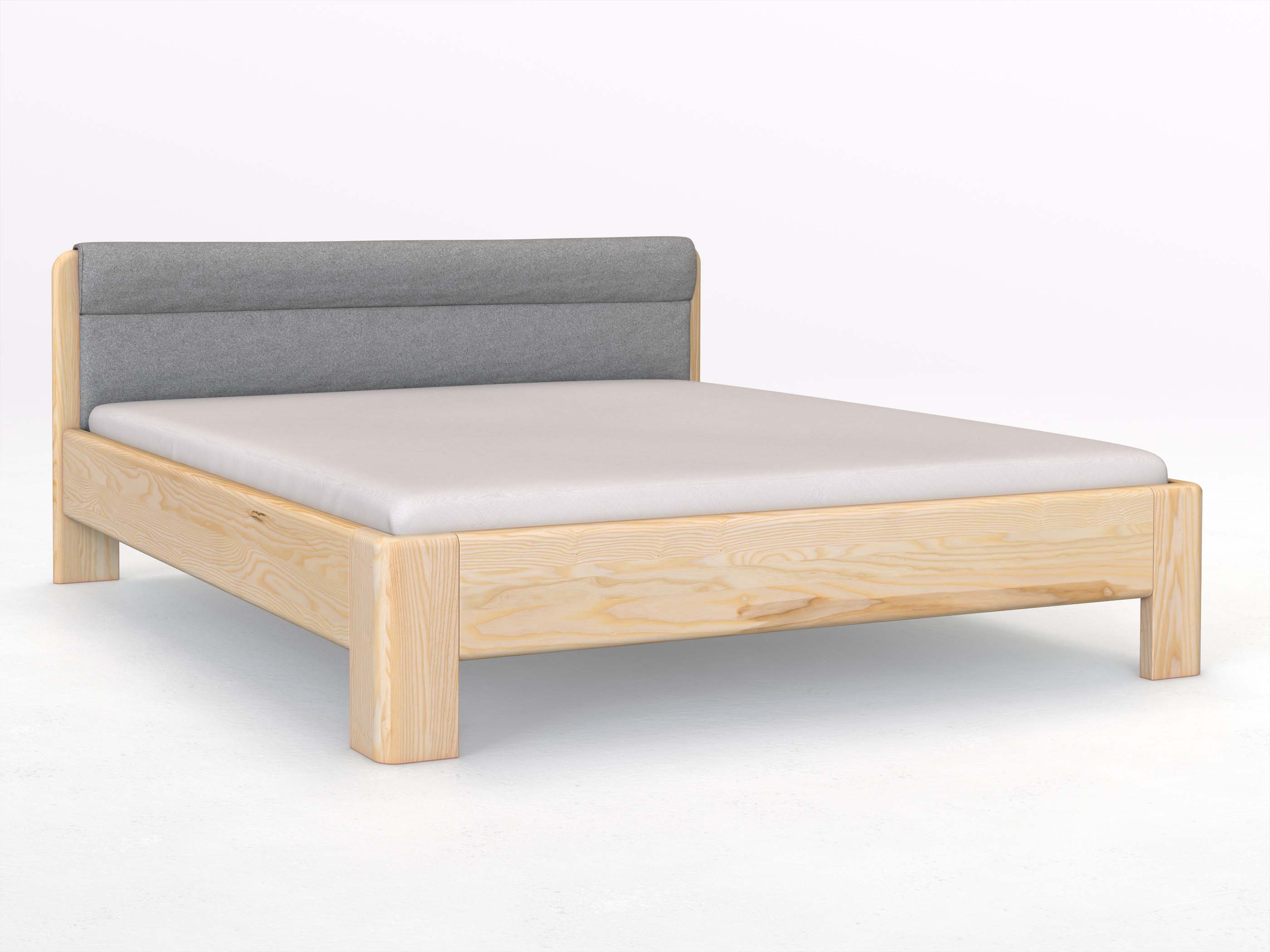 Eschenbett „Niklas“ in 180 x 200 cm, mit Stoffkopfteil - Stoff: Schafschurwolle „Loden“ in der Farbe Nebengrau