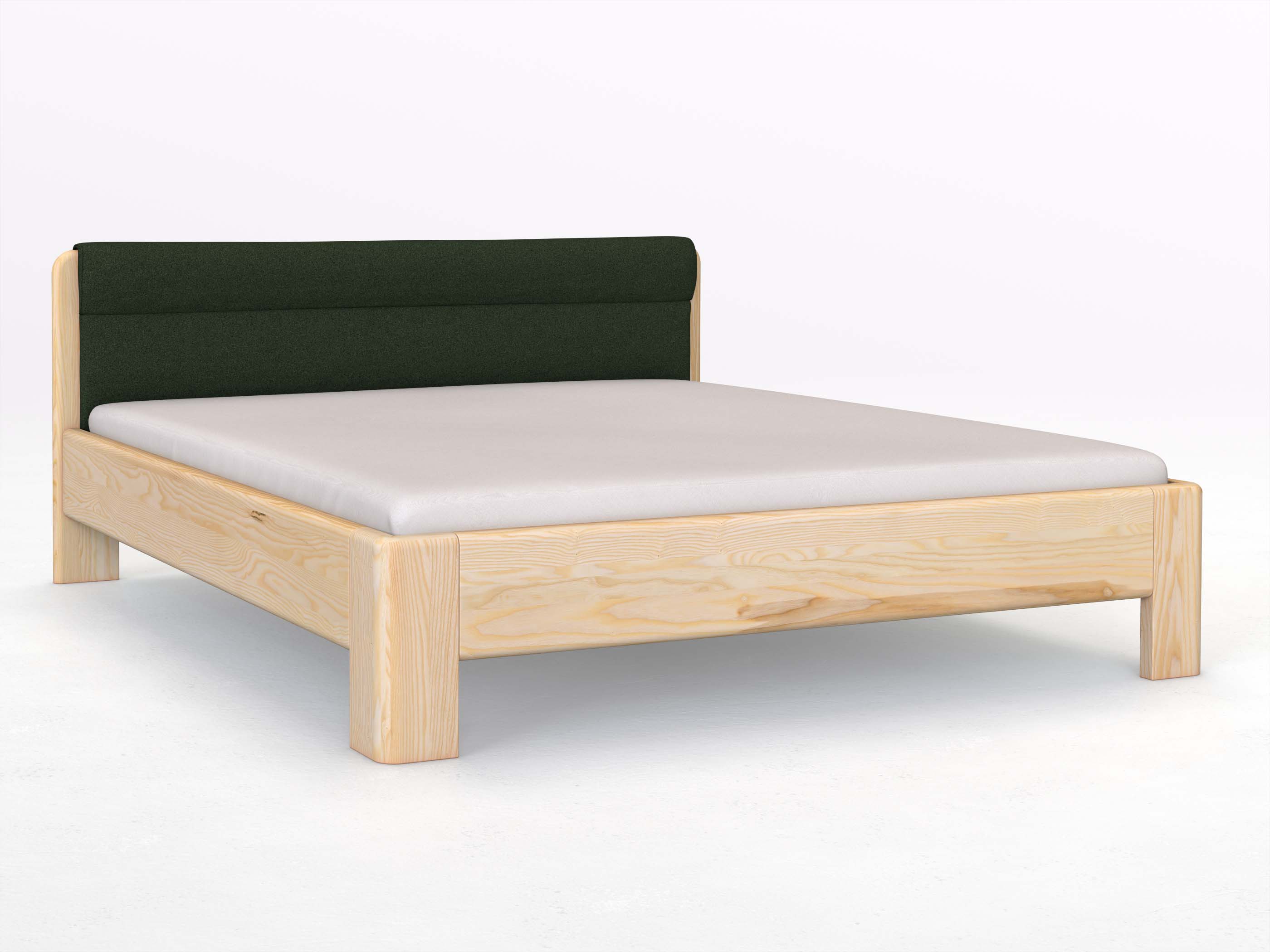 Eschenbett „Niklas“ in 180 x 200 cm, mit Stoffkopfteil - Stoff: Schafschurwolle „Loden“ in der Farbe Tannenwald