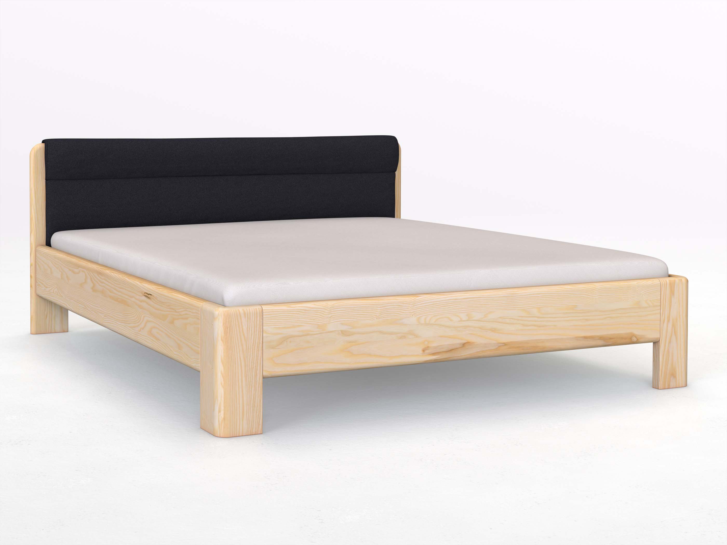 Eschenbett „Niklas“ in 180 x 200 cm, mit Stoffkopfteil - Stoff: Schafschurwolle „Loden“ in der Farbe Nachtblau