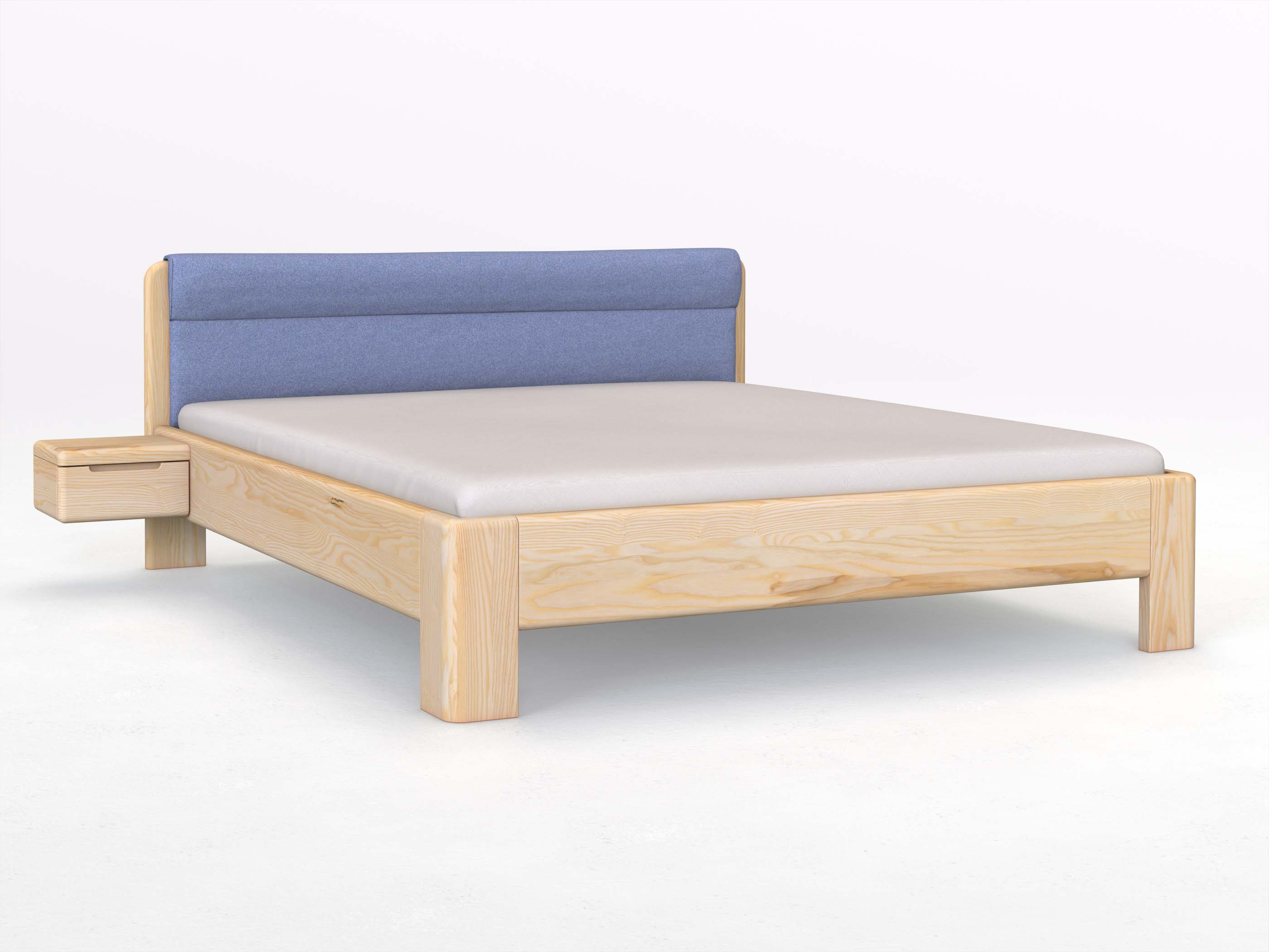 Eschenbett „Niklas“ in 180 x 200 cm mit 2 Nachttischen - Griff: Griffleiste B und mit Stoffkopfteil - Stoff: Schafschurwolle „Fischgrät“ in der Farbe Kornblume