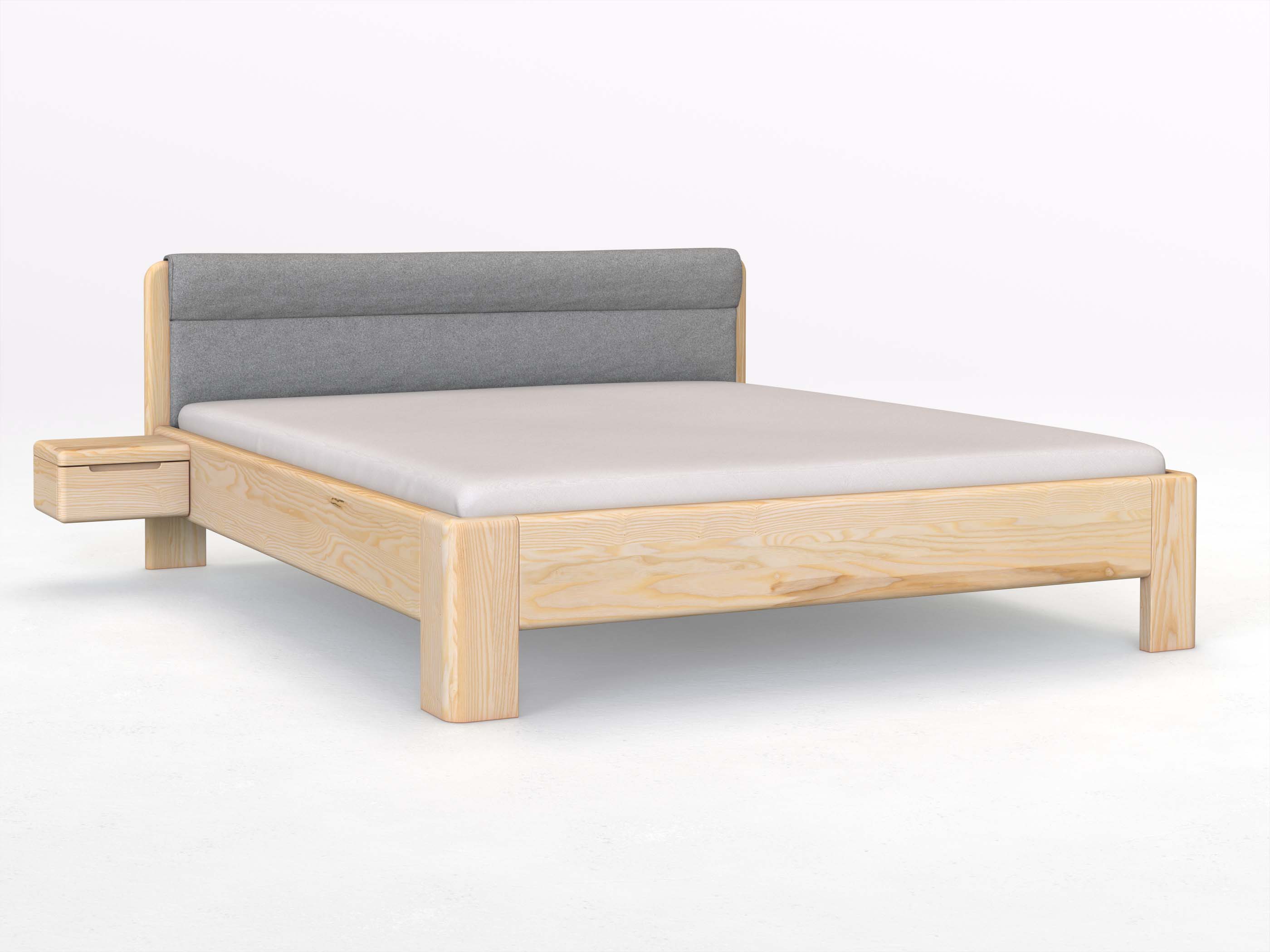 Eschenbett „Niklas“ in 180 x 200 cm mit 2 Nachttischen - Griff: Griffleiste B und mit Stoffkopfteil - Stoff: Schafschurwolle „Loden“ in der Farbe Nebelgrau