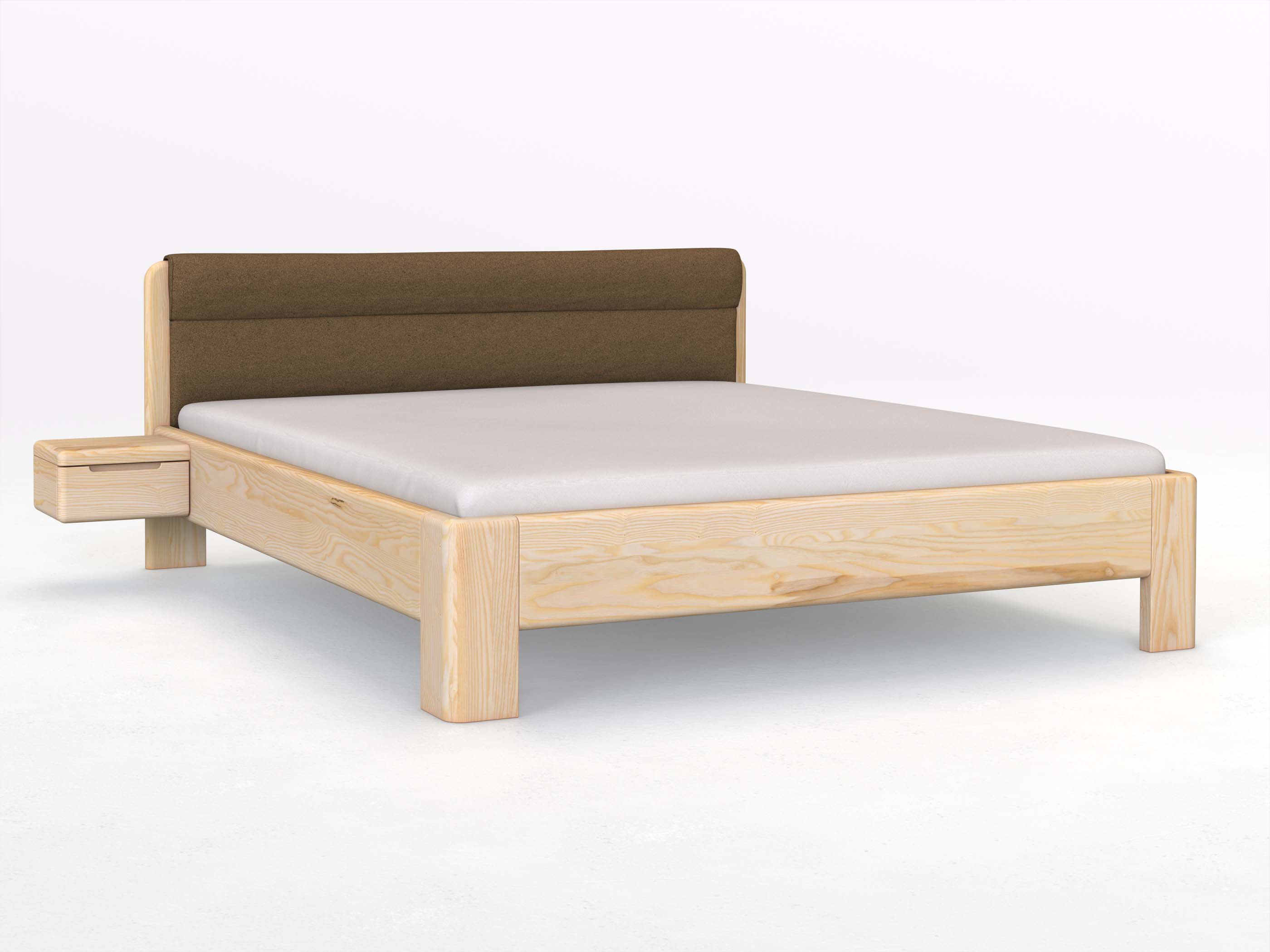 Eschenbett „Niklas“ in 180 x 200 cm mit 2 Nachttischen - Griff: Griffleiste B und mit Stoffkopfteil - Stoff: Schafschurwolle „Loden“ in der Farbe Zimtrinde