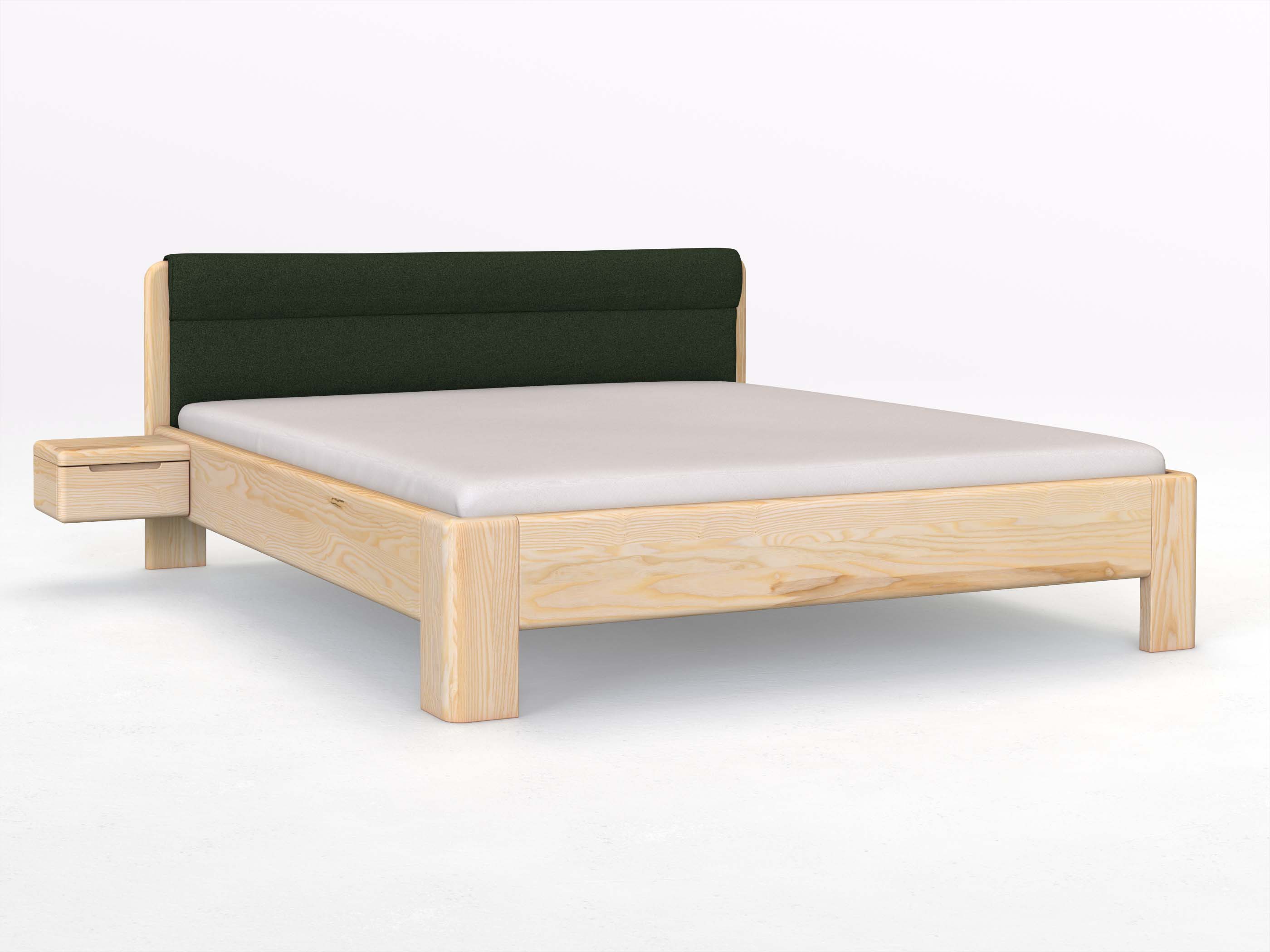 Eschenbett „Niklas“ in 180 x 200 cm mit 2 Nachttischen - Griff: Griffleiste B und mit Stoffkopfteil - Stoff: Schafschurwolle „Loden“ in der Farbe Tannenwald