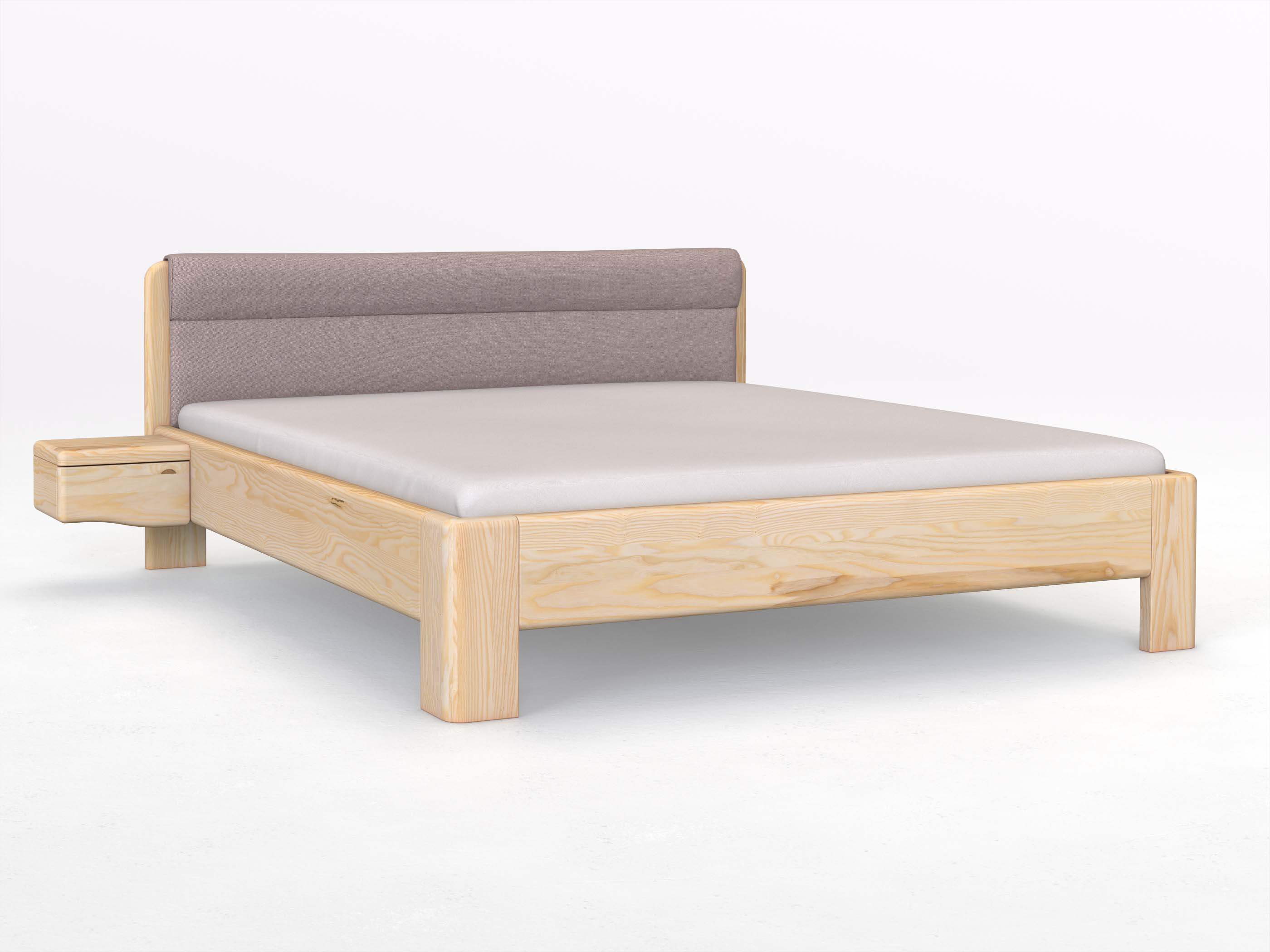 Eschenbett „Niklas“ in 180 x 200 cm mit 2 Nachttischen - Griff: Welle und mit Stoffkopfteil - Stoff: Schafschurwolle „Fischgrät“ in der Farbe Zartflieder