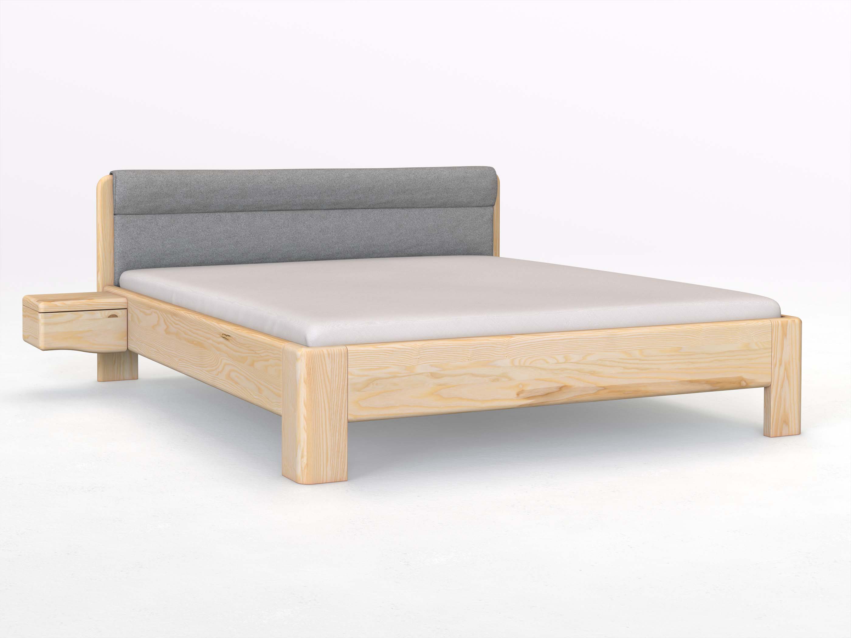 Eschenbett „Niklas“ in 180 x 200 cm mit 2 Nachttischen - Griff: Welle und mit Stoffkopfteil - Stoff: Schafschurwolle „Loden“ in der Farbe Nebelgrau