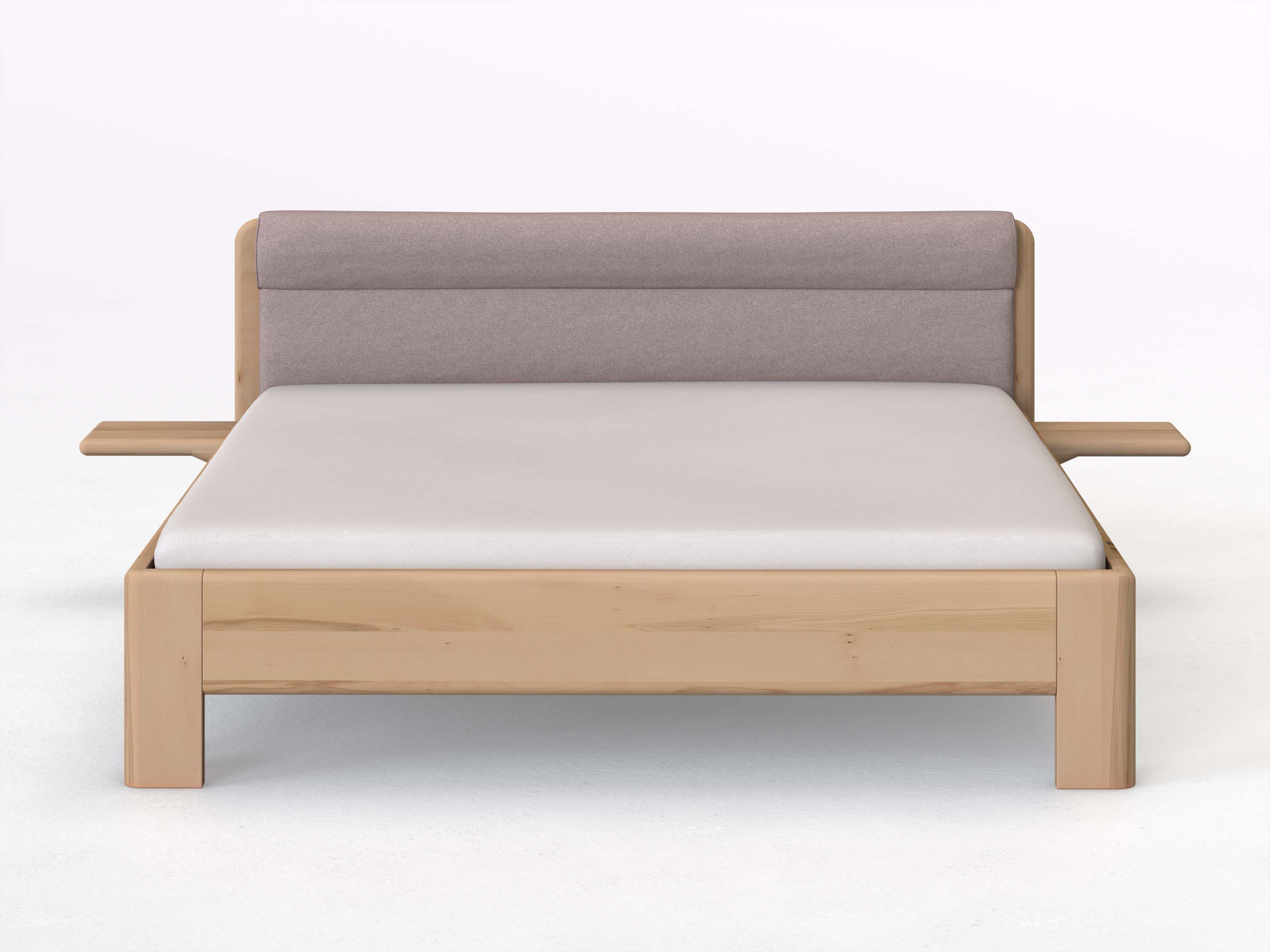 Buchenbett „Niklas“ in 180 x 200 cm mit 2 Ablagen und Stoffkopfteil - Stoff: Schafschurwolle „Fischgrät“ in der Farbe Zartflieder