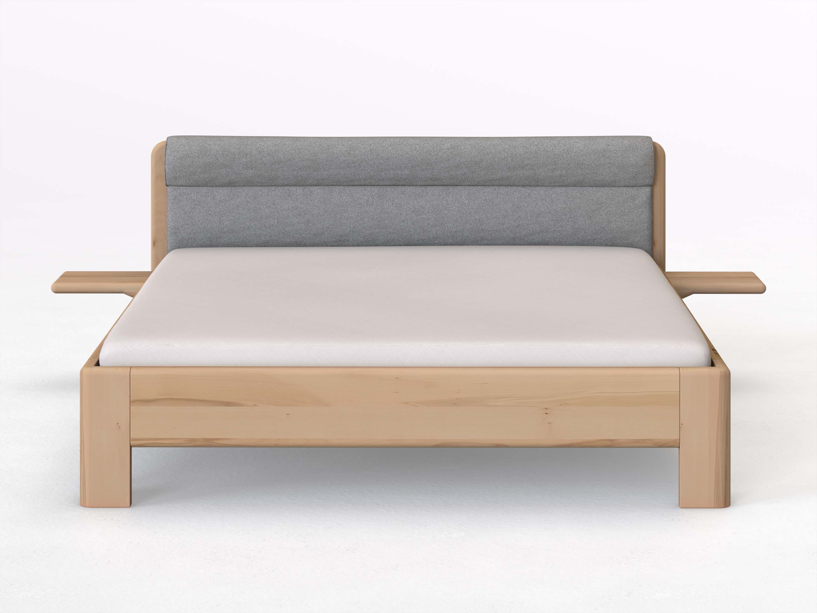 Buchenbett „Niklas“ in 180 x 200 cm mit 2 Ablagen und Stoffkopfteil - Stoff: Schafschurwolle „Loden“ in der Farbe Nebelgrau
