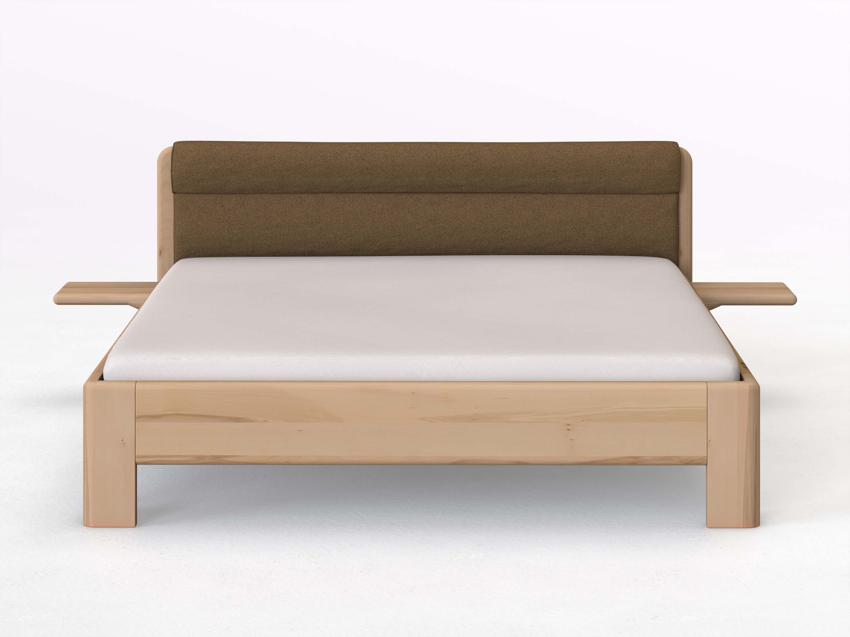 Buchenbett „Niklas“ in 180 x 200 cm mit 2 Ablagen und Stoffkopfteil - Stoff: Schafschurwolle „Loden“ in der Farbe Zimtrinde
