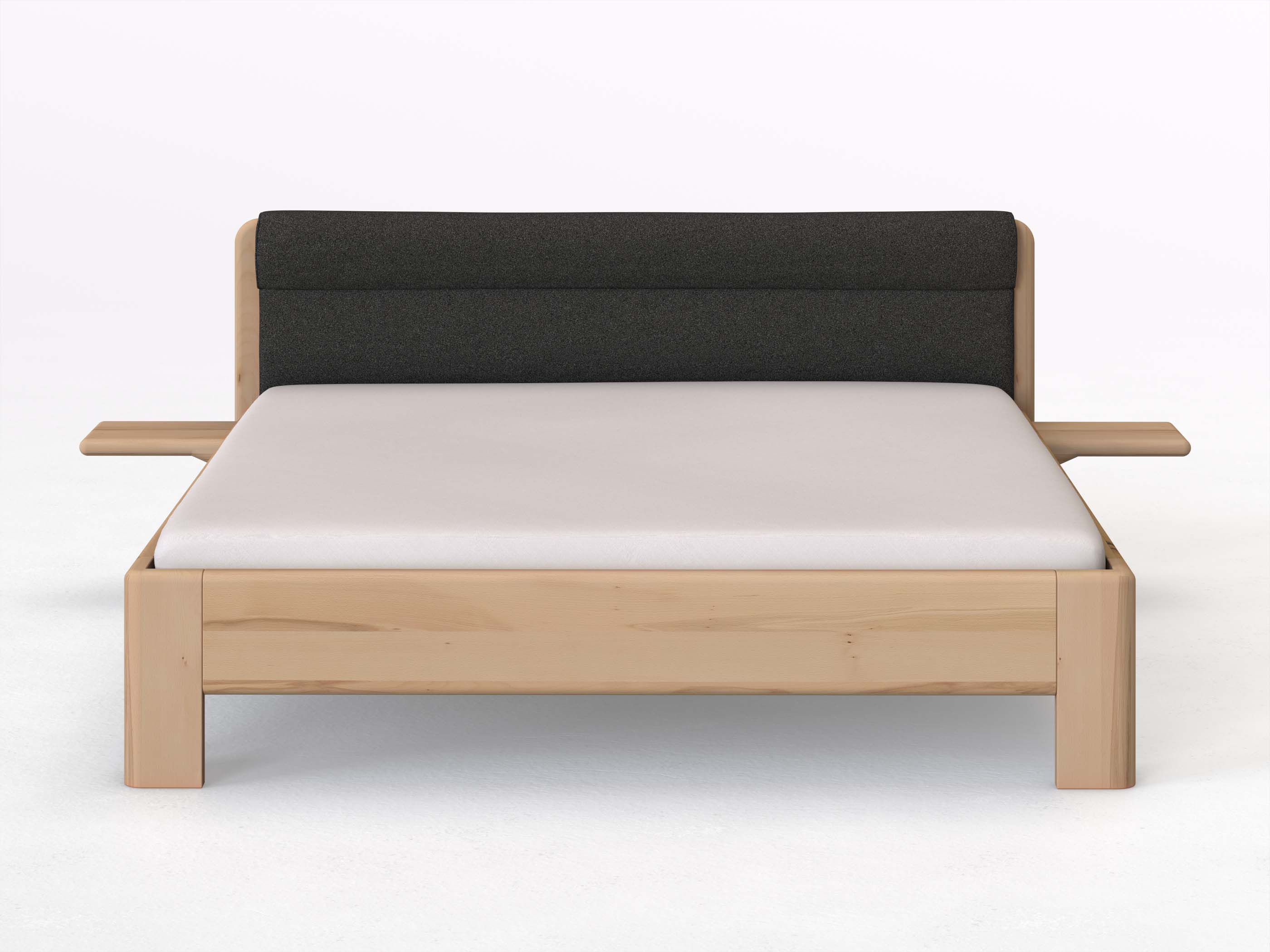 Buchenbett „Niklas“ in 180 x 200 cm mit 2 Ablagen und Stoffkopfteil - Stoff: Schafschurwolle „Loden“ in der Farbe Anthrazit
