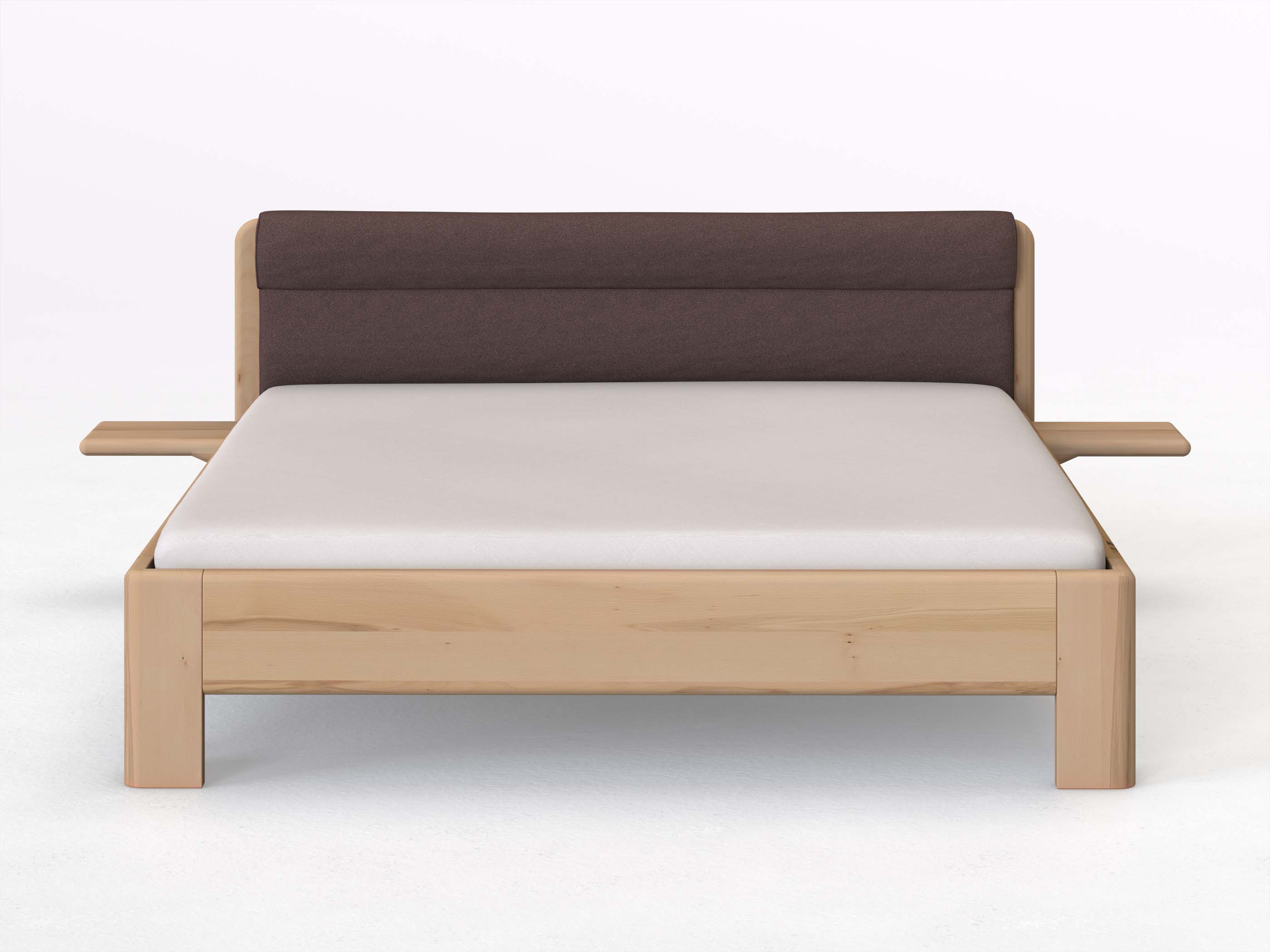Buchenbett „Niklas“ in 180 x 200 cm mit 2 Ablagen und Stoffkopfteil - Stoff: Schafschurwolle „Loden“ in der Farbe Abenddämmerung