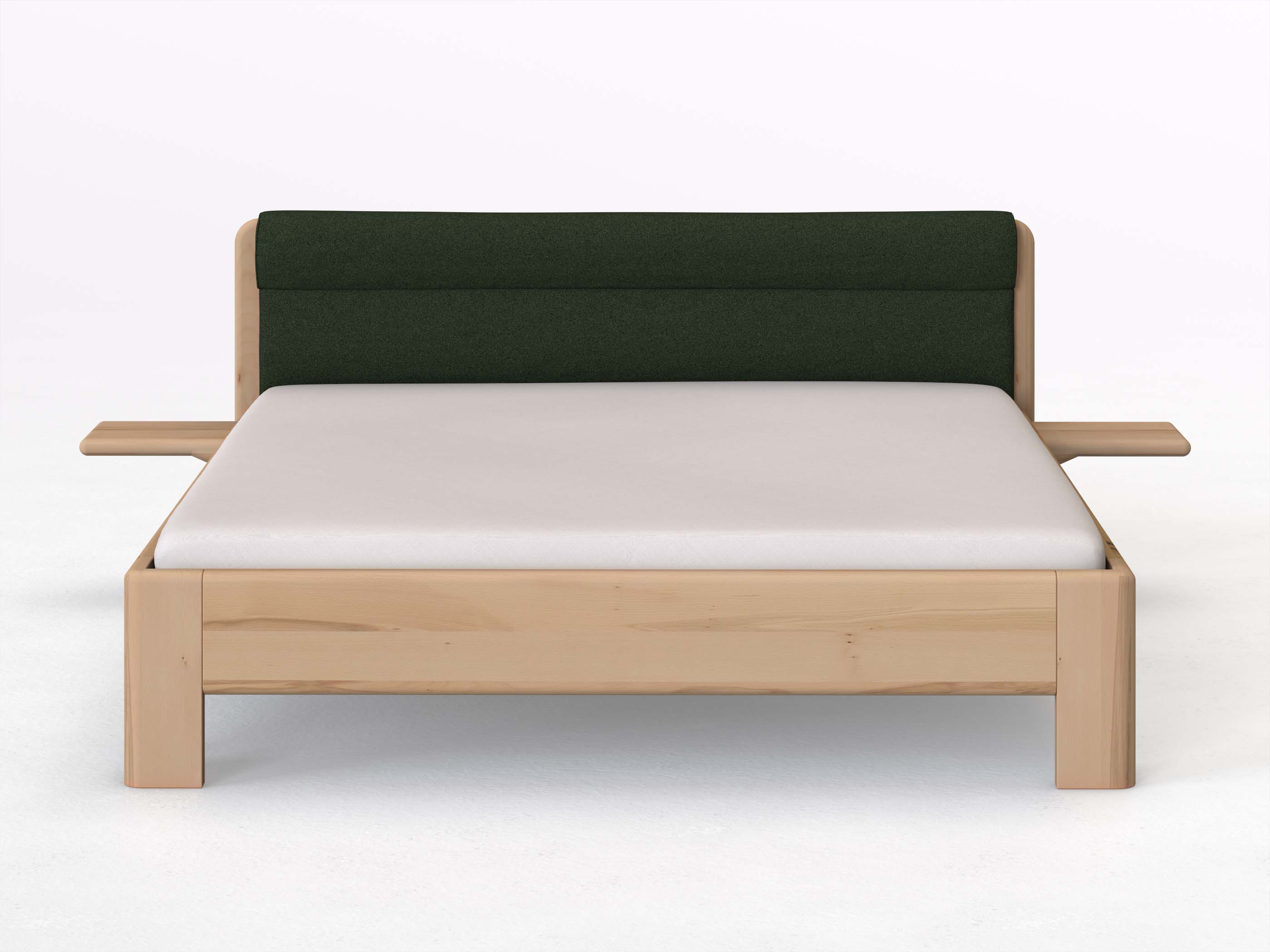 Buchenbett „Niklas“ in 180 x 200 cm mit 2 Ablagen und Stoffkopfteil - Stoff: Schafschurwolle „Loden“ in der Farbe Tannenwald