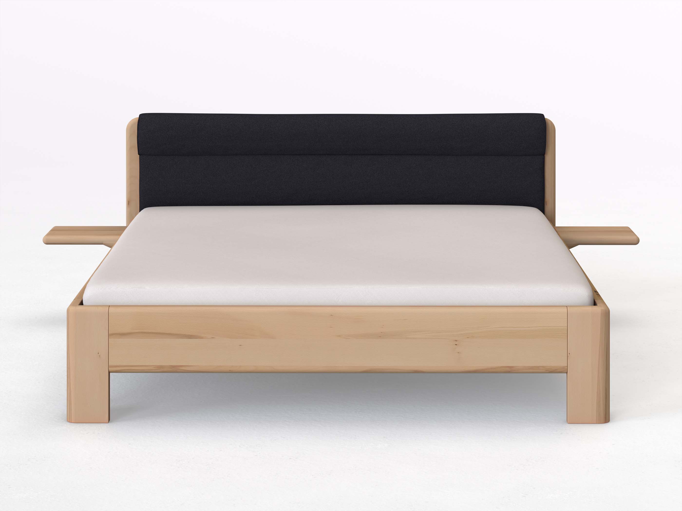 Buchenbett „Niklas“ in 180 x 200 cm mit 2 Ablagen und Stoffkopfteil - Stoff: Schafschurwolle „Loden“ in der Farbe Nachtblau