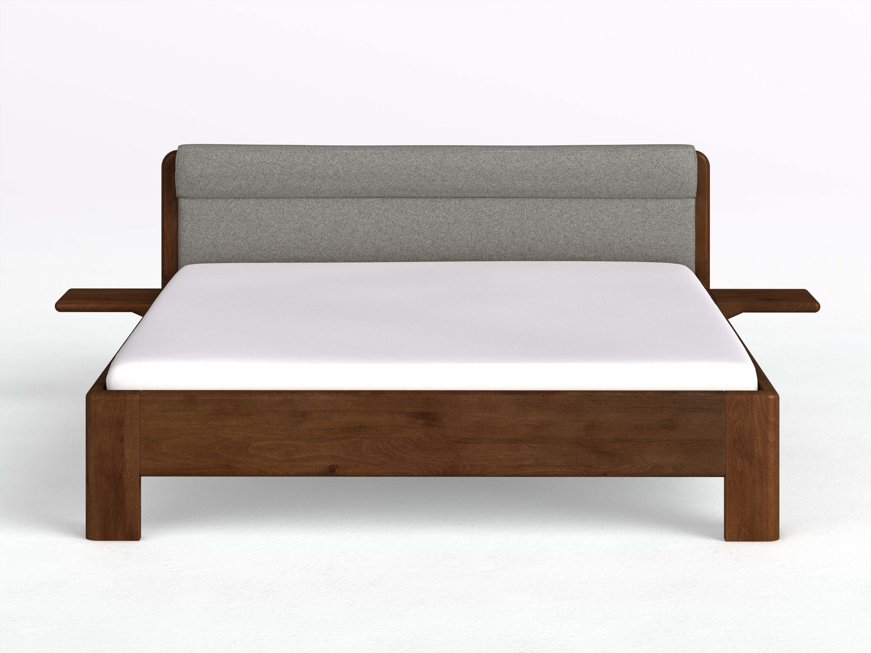 Buchenbett Dunkel „Niklas“ in 180 x 200 cm mit 2 Ablagen und Stoffkopfteil - Stoff: Schafschurwolle „Fischgrät“ in der Farbe Grauer Mohn