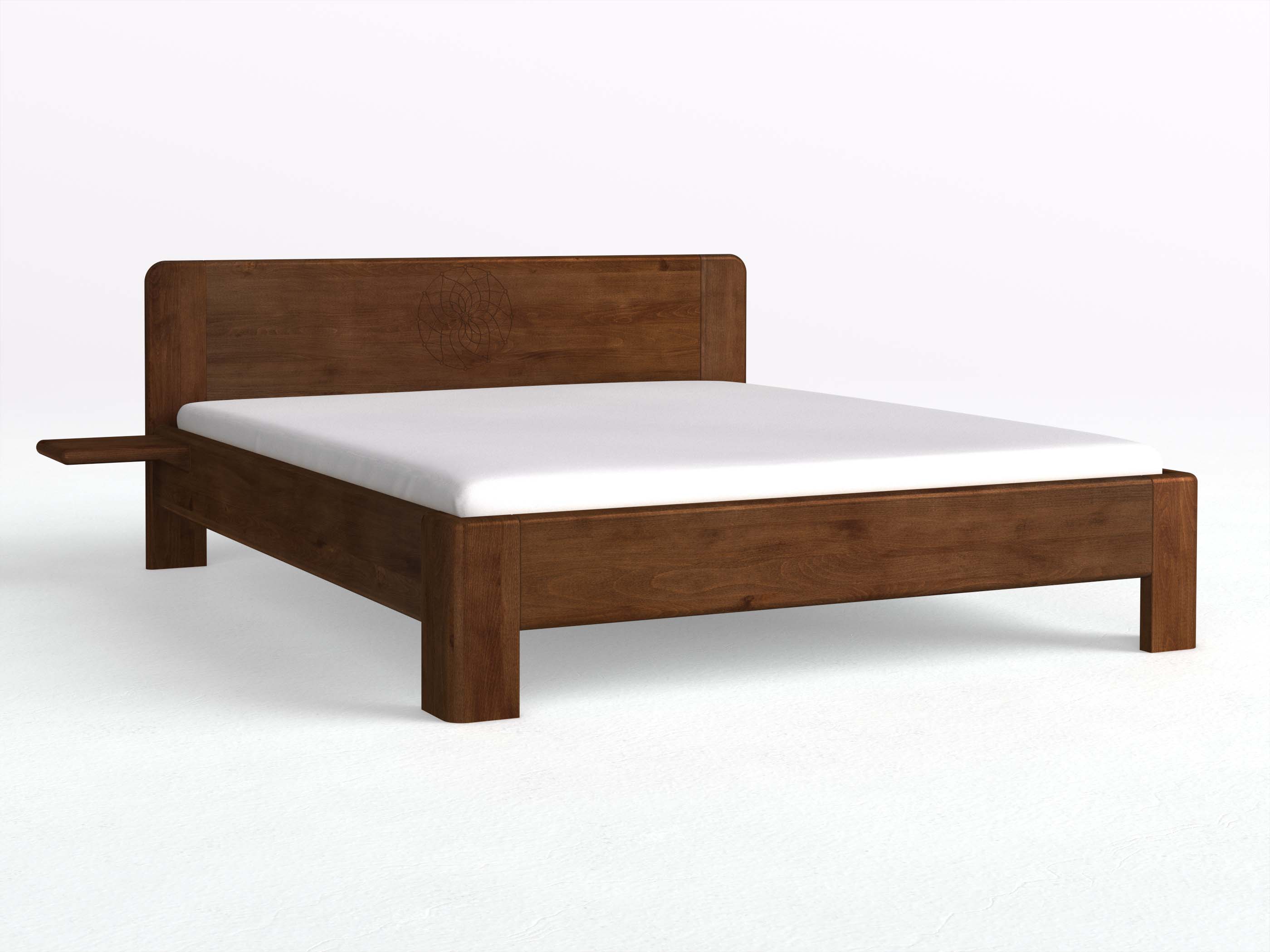 Buchenbett Dunkel „Niklas“ mit 2 Ablagen und der Gravur „Traumfänger“