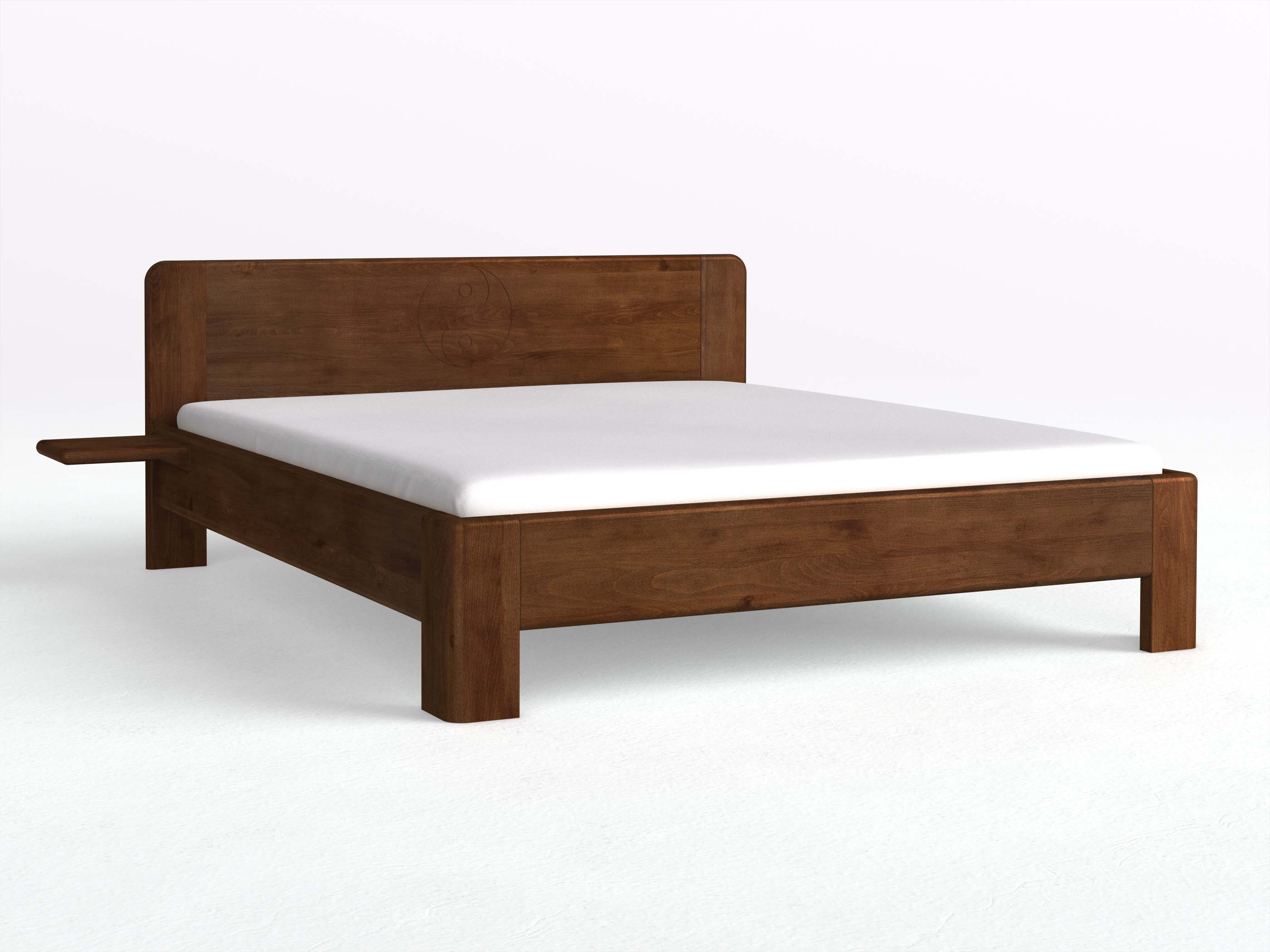 Buchenbett Dunkel „Niklas“ mit 2 Ablagen und der Gravur „Yin Yang“