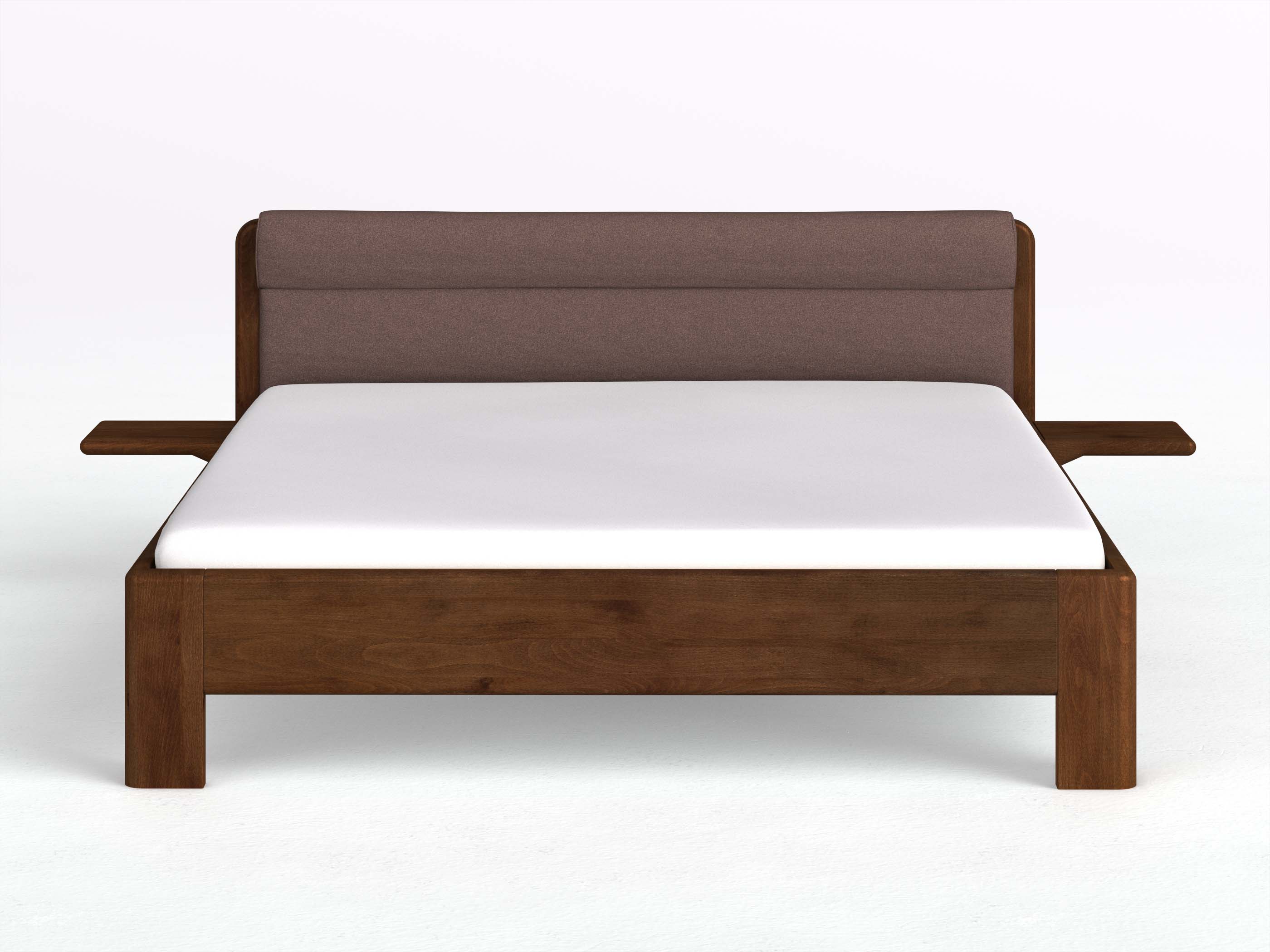 Buchenbett Dunkel „Niklas“ in 180 x 200 cm mit 2 Ablagen und Stoffkopfteil - Stoff: Schafschurwolle „Loden“ in der Farbe Abenddämmerung