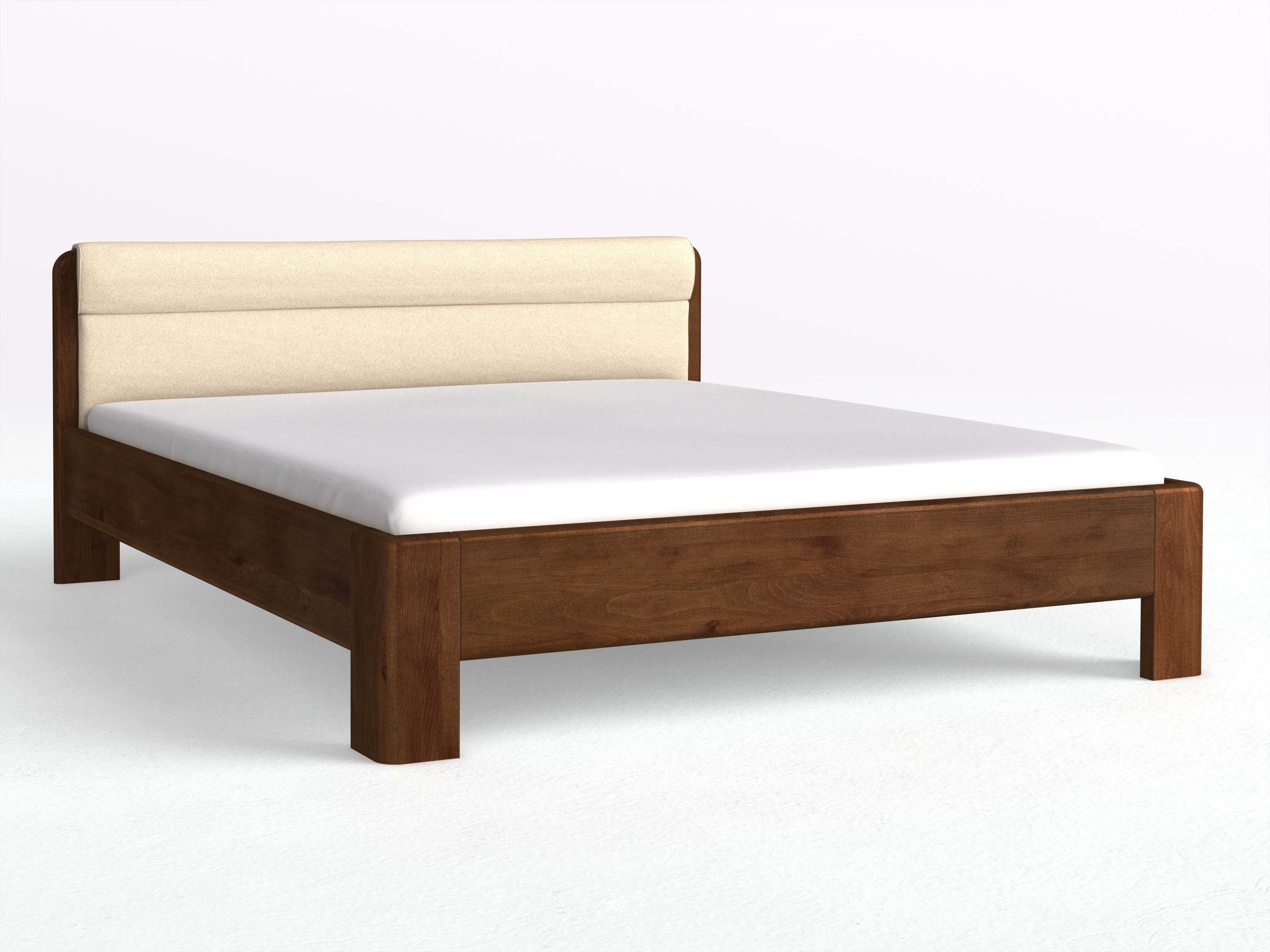 Buchenbett Dunkel „Niklas“ in 180 x 200 cm, mit Stoffkopfteil - Stoff: Schafschurwolle „Fischgrät“ in der Farbe Holunderblüte