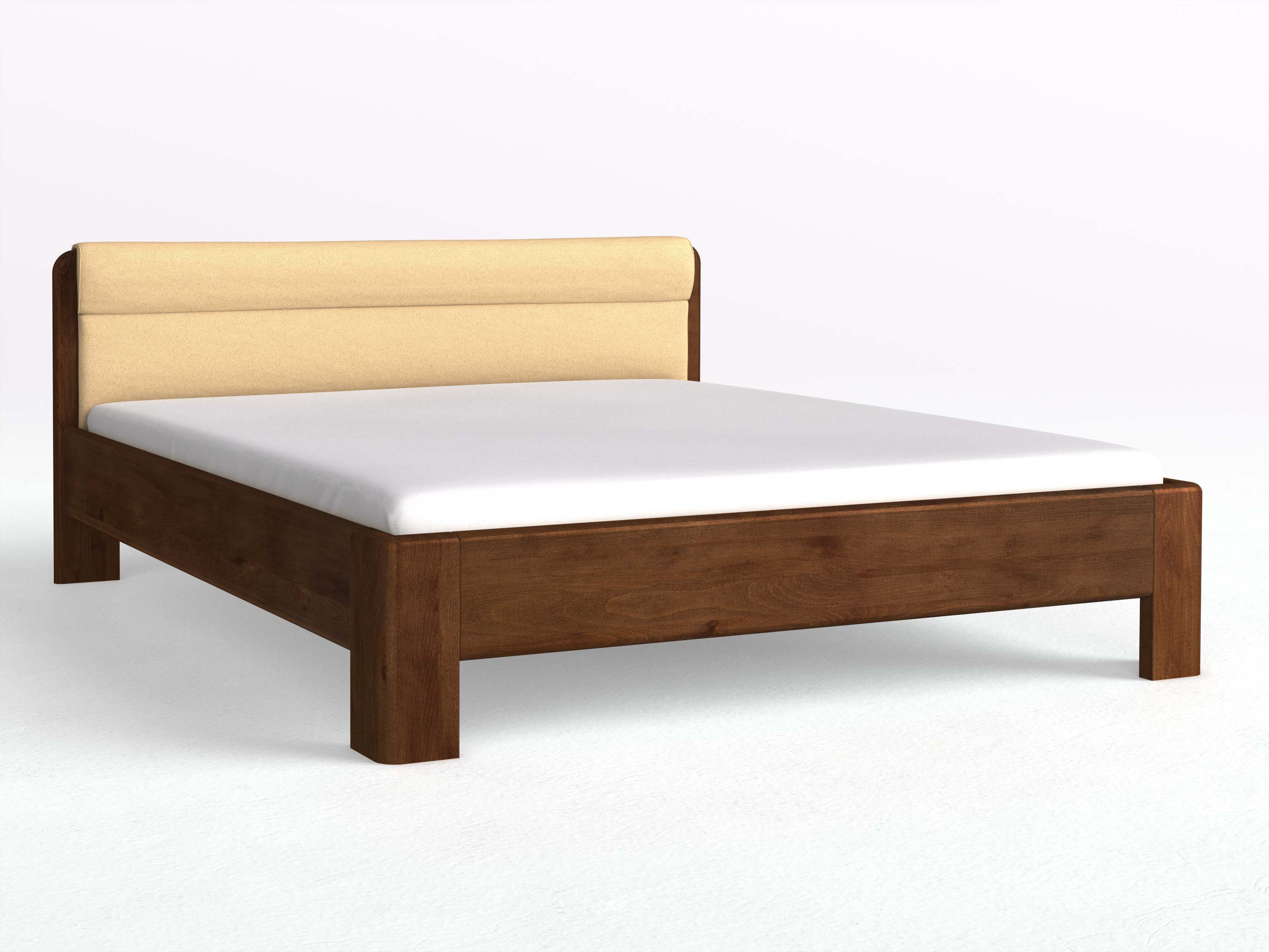 Buchenbett Dunkel „Niklas“ in 180 x 200 cm, mit Stoffkopfteil - Stoff: Schafschurwolle „Fischgrät“ in der Farbe Goldhirse