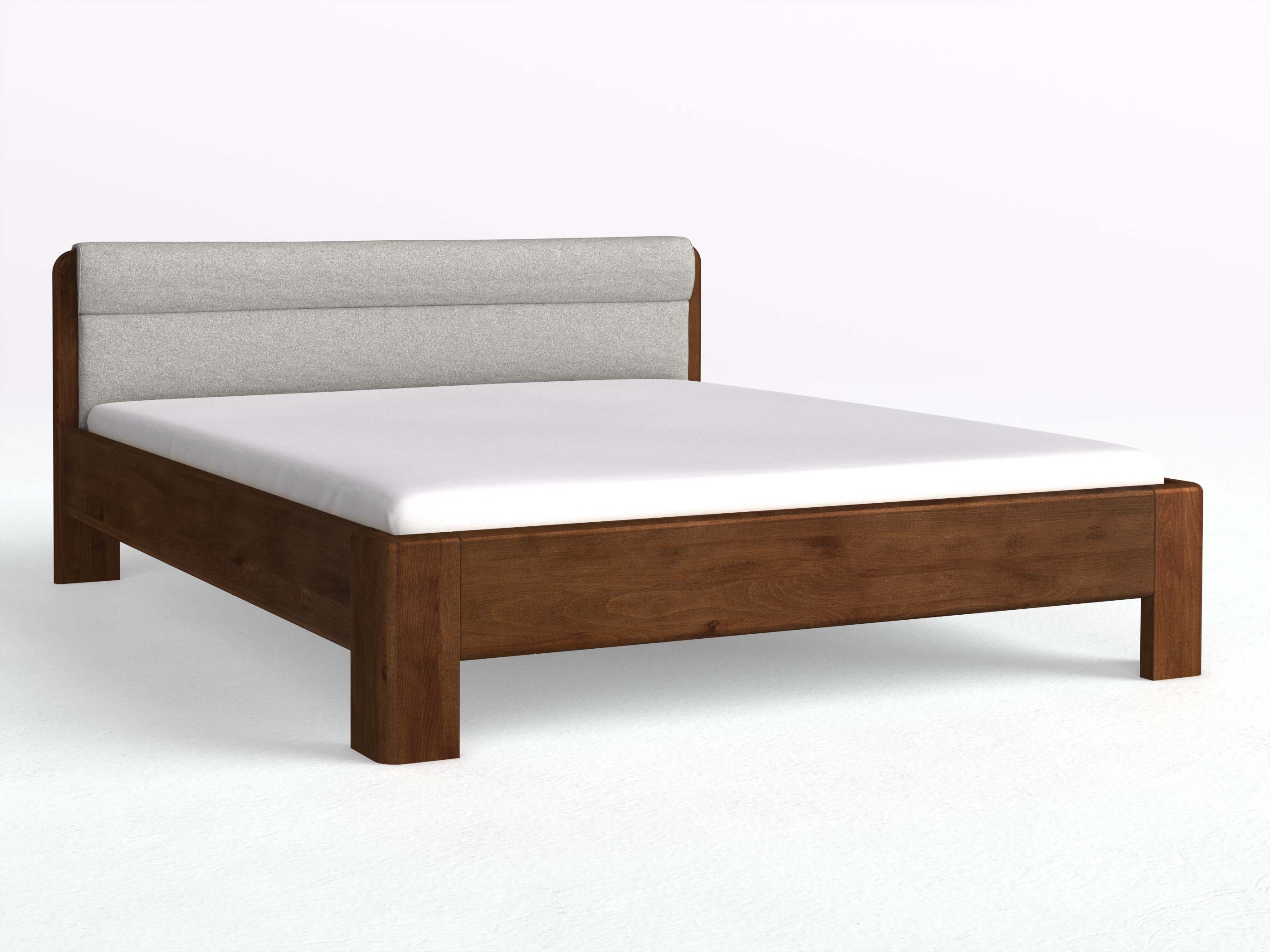 Buchenbett Dunkel „Niklas“ in 180 x 200 cm, mit Stoffkopfteil - Stoff: Schafschurwolle „Loden“ in der Farbe Nebelgrau