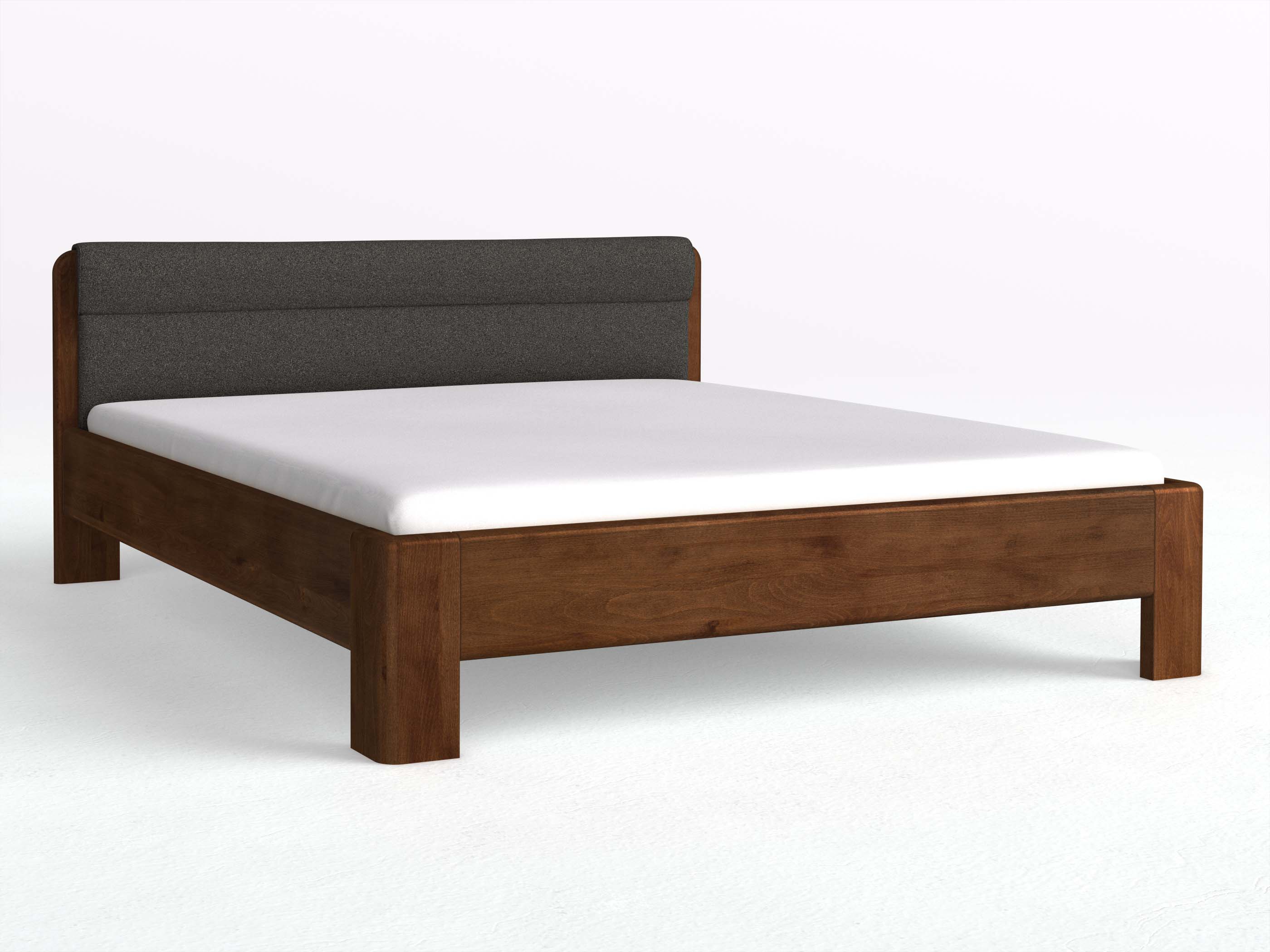 Buchenbett Dunkel „Niklas“ in 180 x 200 cm, mit Stoffkopfteil - Stoff: Schafschurwolle „Loden“ in der Farbe Anthrazit