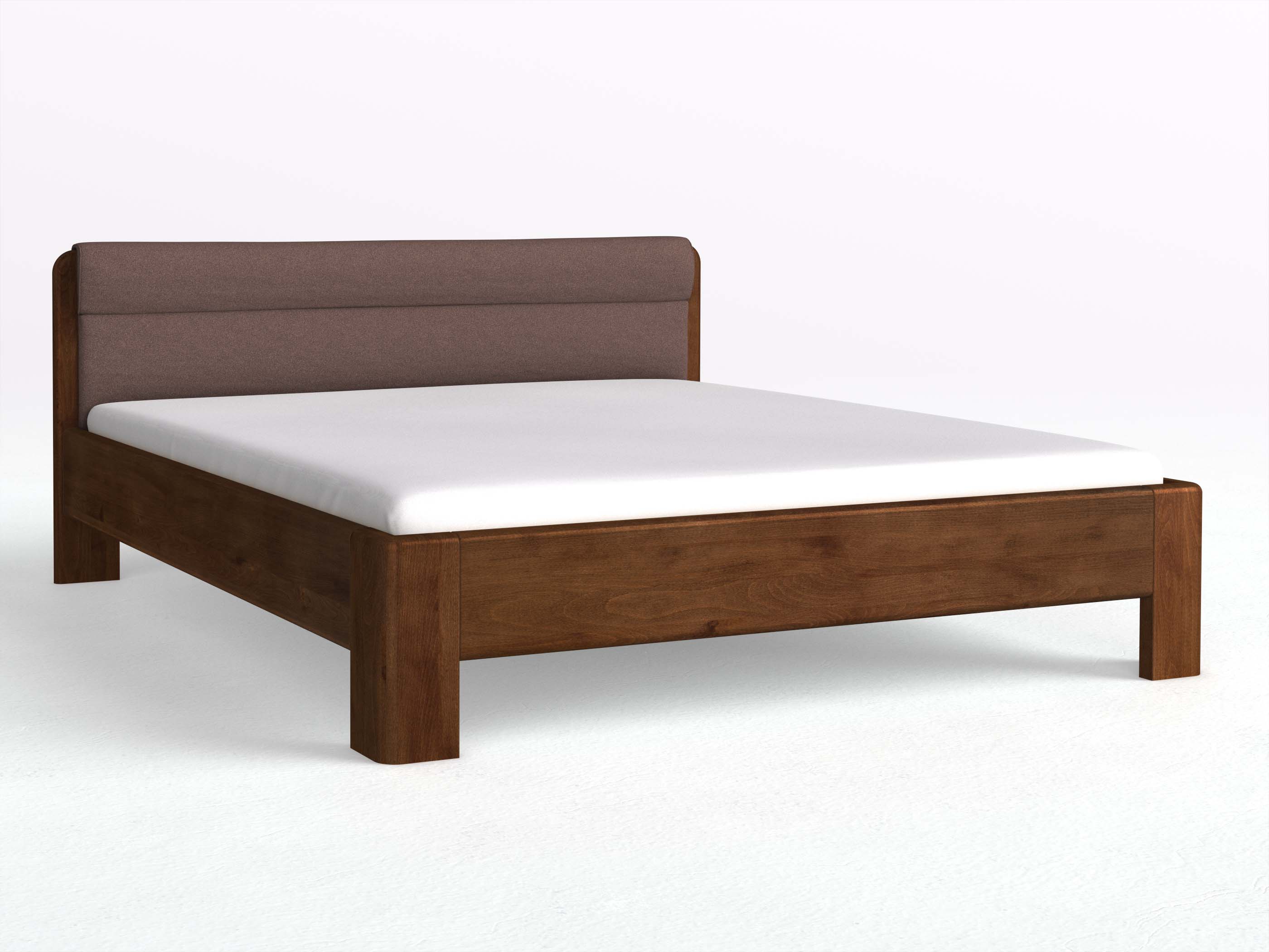 Buchenbett Dunkel „Niklas“ in 180 x 200 cm, mit Stoffkopfteil - Stoff: Schafschurwolle „Loden“ in der Farbe Abenddämmerung