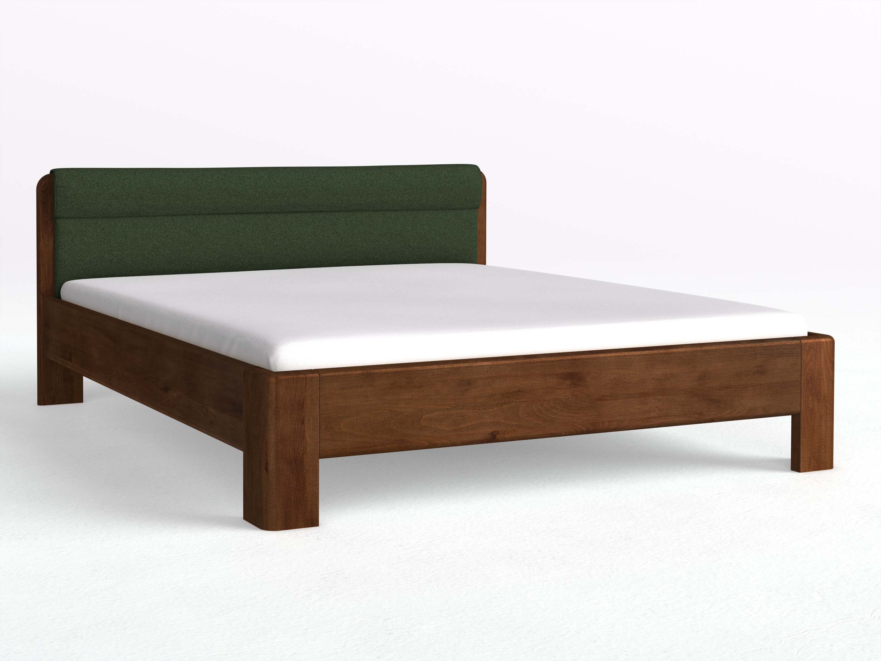 Buchenbett Dunkel „Niklas“ in 180 x 200 cm, mit Stoffkopfteil - Stoff: Schafschurwolle „Loden“ in der Farbe Tannenwald