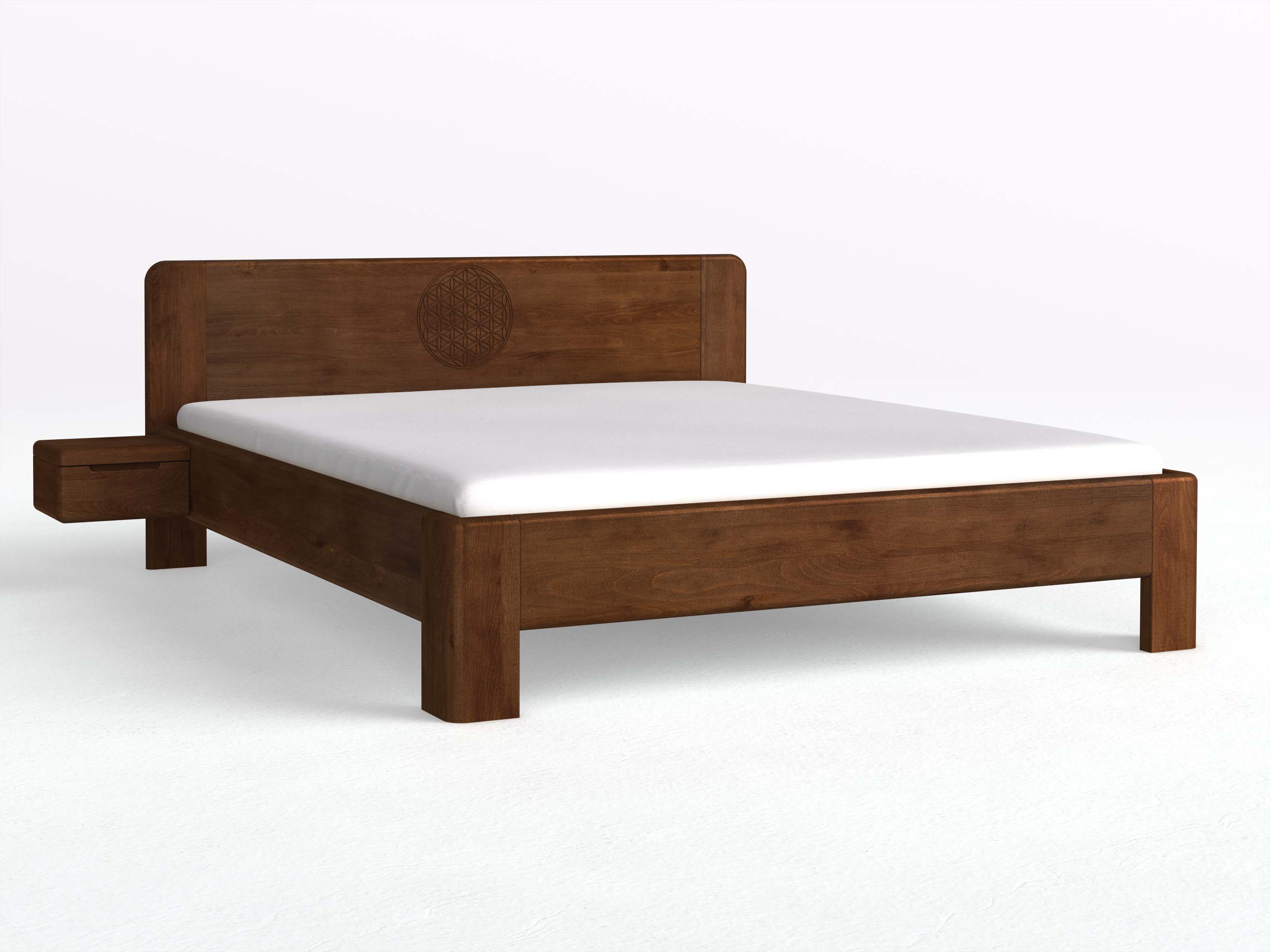 Buchenbett „Niklas“ mit 2 Nachttischen Griff: Griffleiste B und der Gravur „Blume des Lebens“