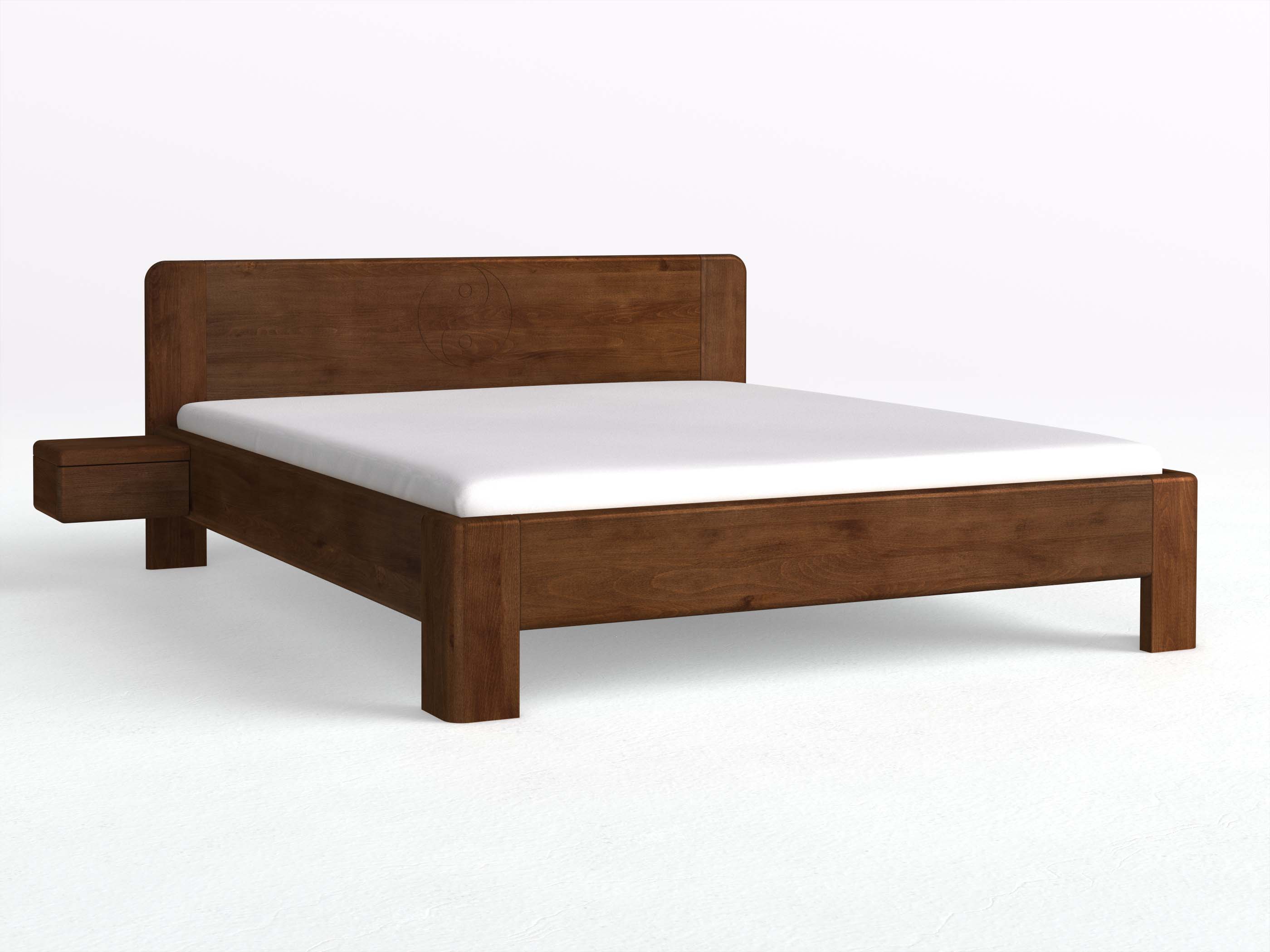 Buchenbett Dunkel „Niklas“ mit 2 Nachttischen Griff: Grifflos und der Gravur „Yin Yang“