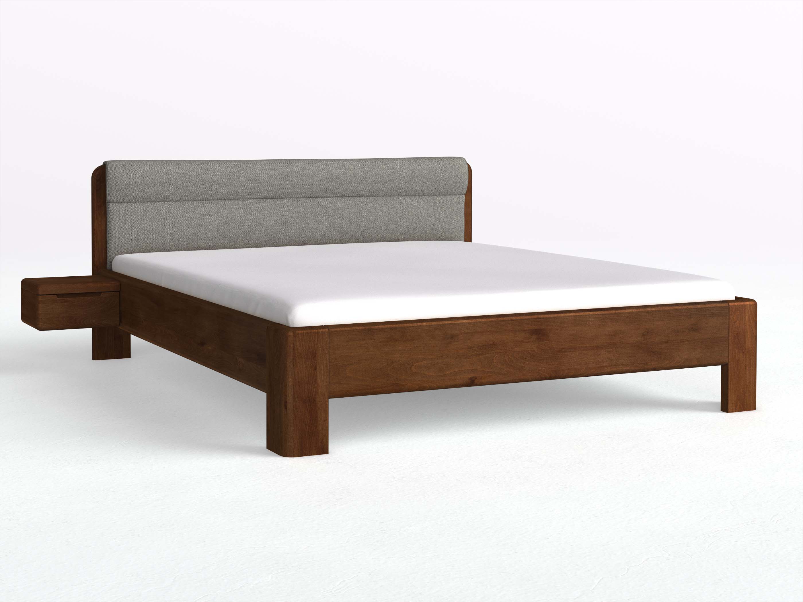 Buchenbett Dunkel „Niklas“ in 180 x 200 cm mit 2 Nachttischen - Griff: Griffleiste B und mit Stoffkopfteil - Stoff: Schafschurwolle „Fischgrät“ in der Farbe Grauer Mohn